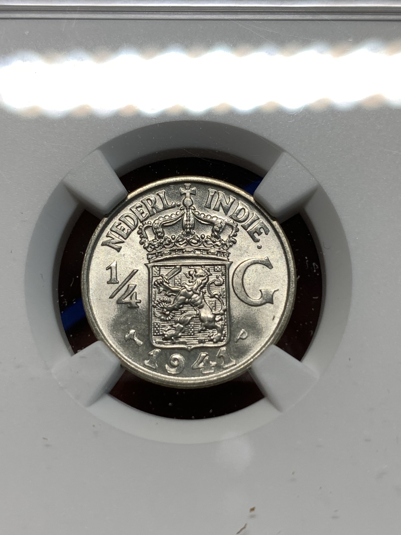 《竞宝斋》第232场-周日，周一 2场 (全场包邮) NGC MS65 荷属东印度群岛（今印尼）1941年1/4盾银币 原卷拆评级