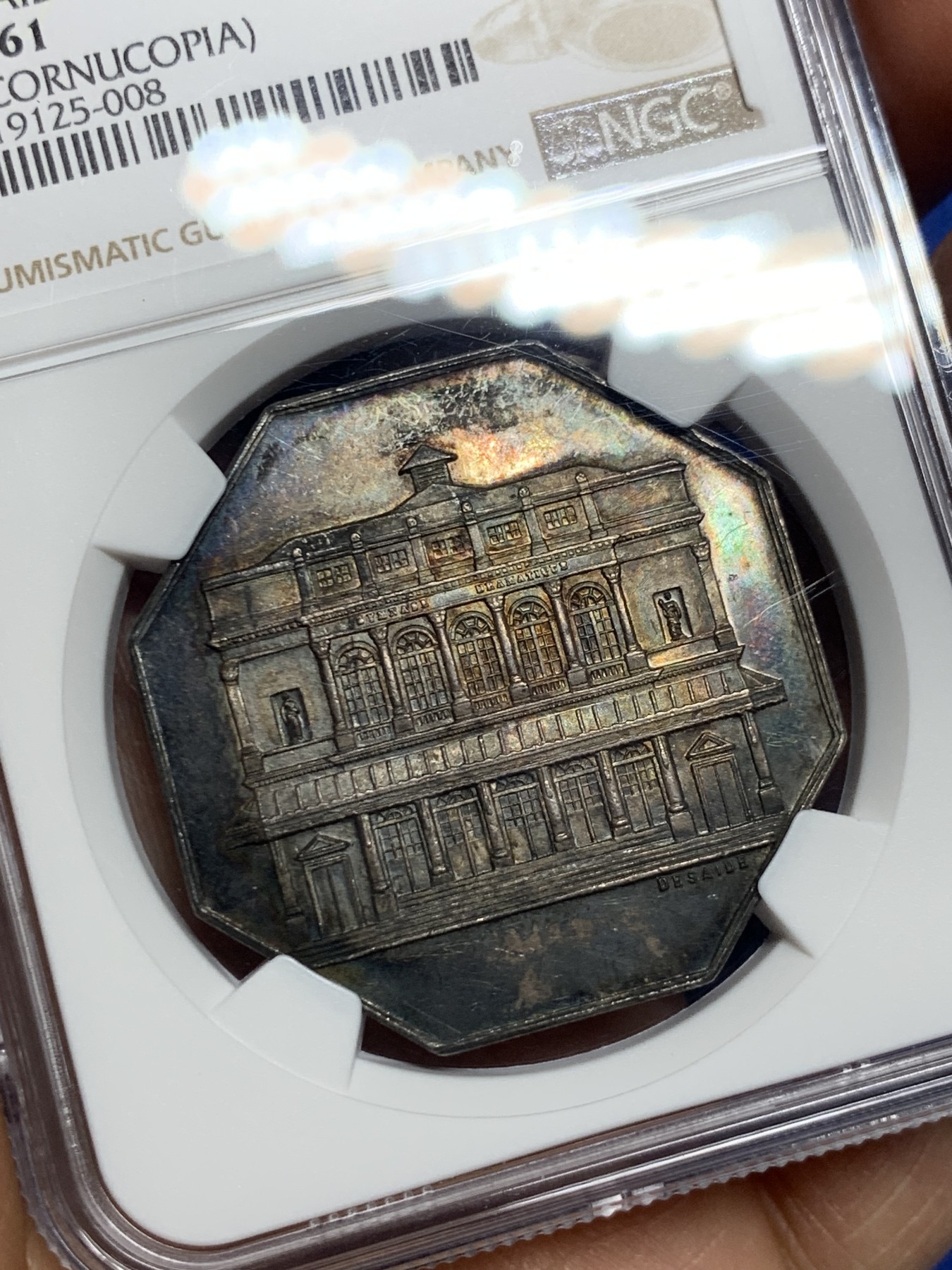 《竞宝斋》第232场-周日，周一 2场 (全场包邮) NGC MS61 法国剧场体育馆八角银质代币 37mm大规格 双面深彩包浆 细节惊人 首拍品种