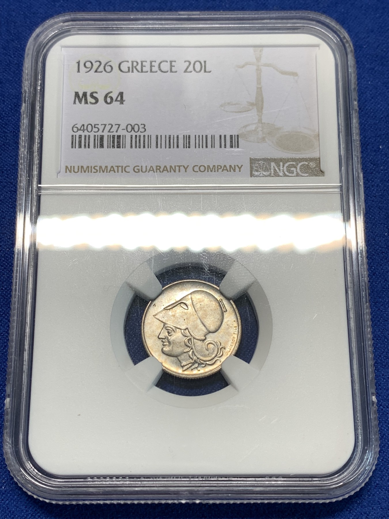 《竞宝斋》第232场-周日，周一 2场 (全场包邮) NGC-MS64 希腊1926年雅典娜头像20L镍币