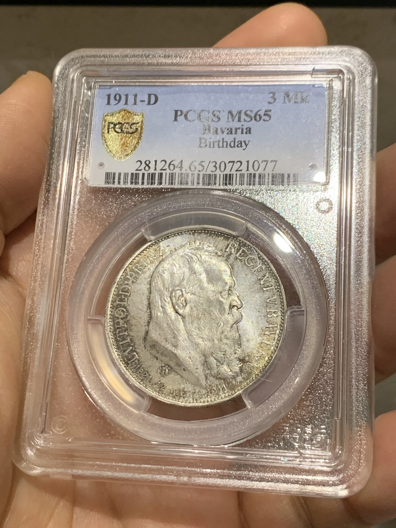 《竞宝斋》第232场-周日，周一 2场 (全场包邮) PCGS-MS65 1911年德国巴伐利亚利奥波德3马克银币 转光好状态