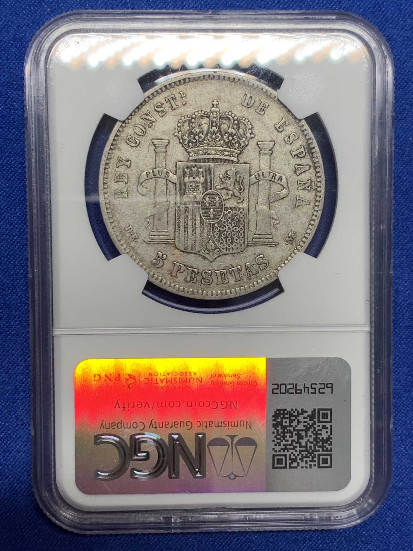 《竞宝斋》第232场-周日，周一 2场 (全场包邮) NGC VF35 西班牙1877年 阿方索十二世 5比塞塔双柱大银币