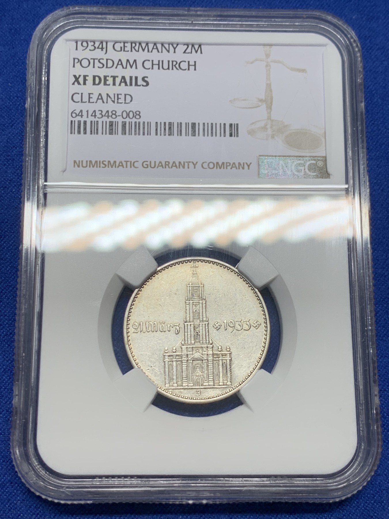 《竞宝斋》第232场-周日，周一 2场 (全场包邮) NGC-XFD 德国1934年 第三帝国J厂教堂带字版2马克银币 稀少