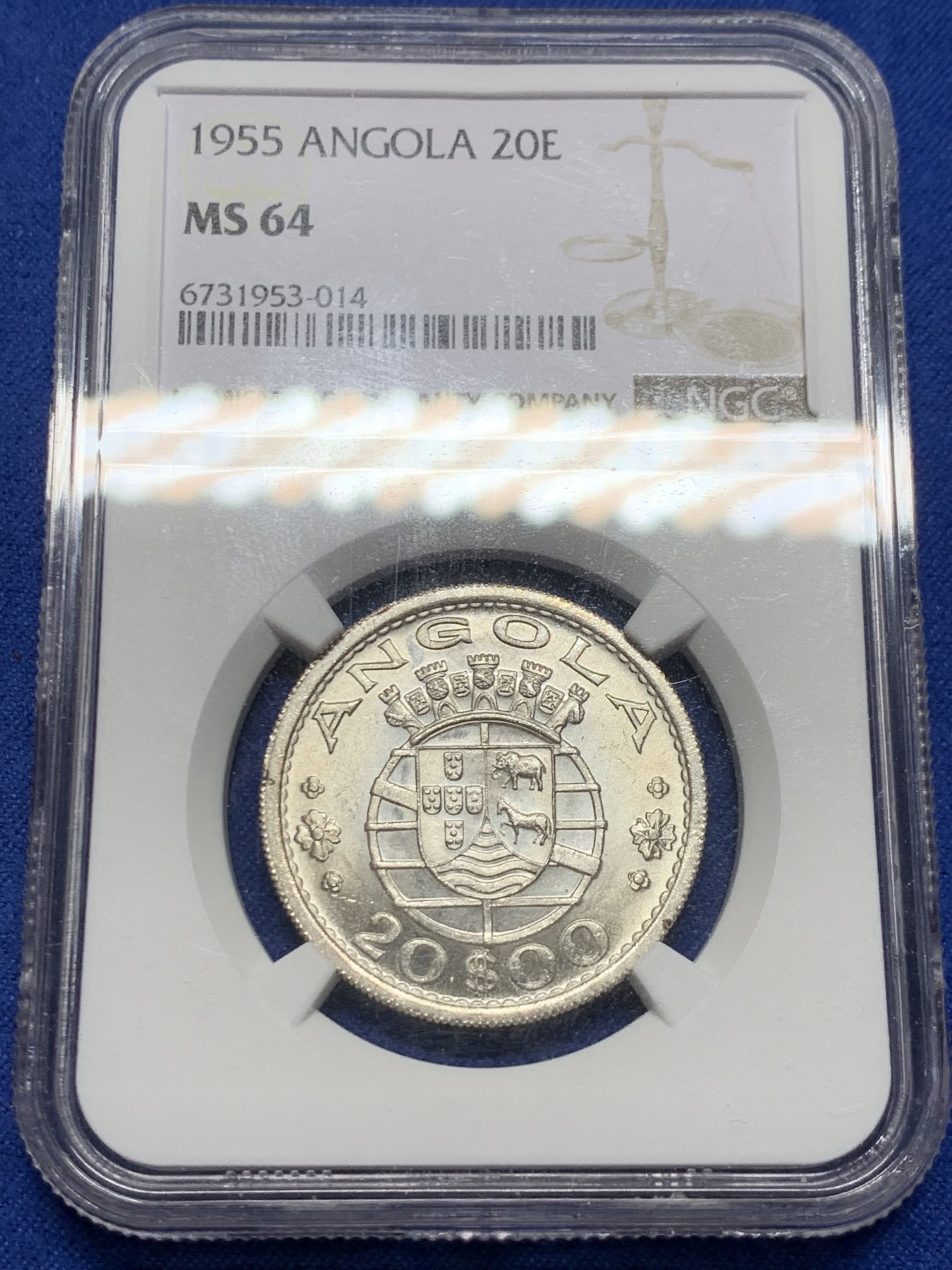 《竞宝斋》第232场-周日，周一 2场 (全场包邮) NGC-MS64 葡属安哥拉 1955年20埃斯库多银币 葡属殖民风情