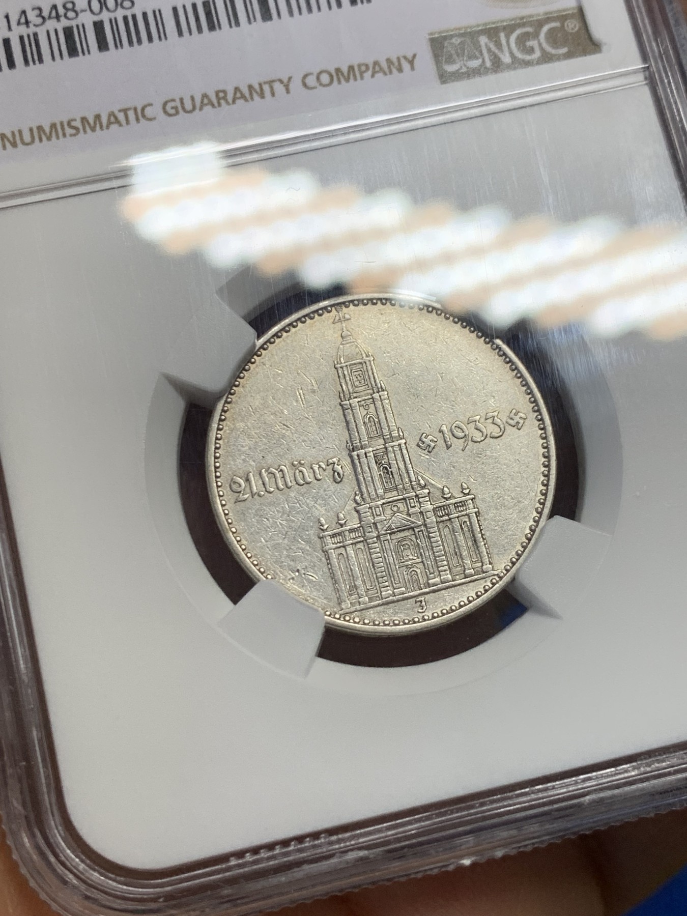 《竞宝斋》第232场-周日，周一 2场 (全场包邮) NGC-XFD 德国1934年 第三帝国J厂教堂带字版2马克银币 稀少