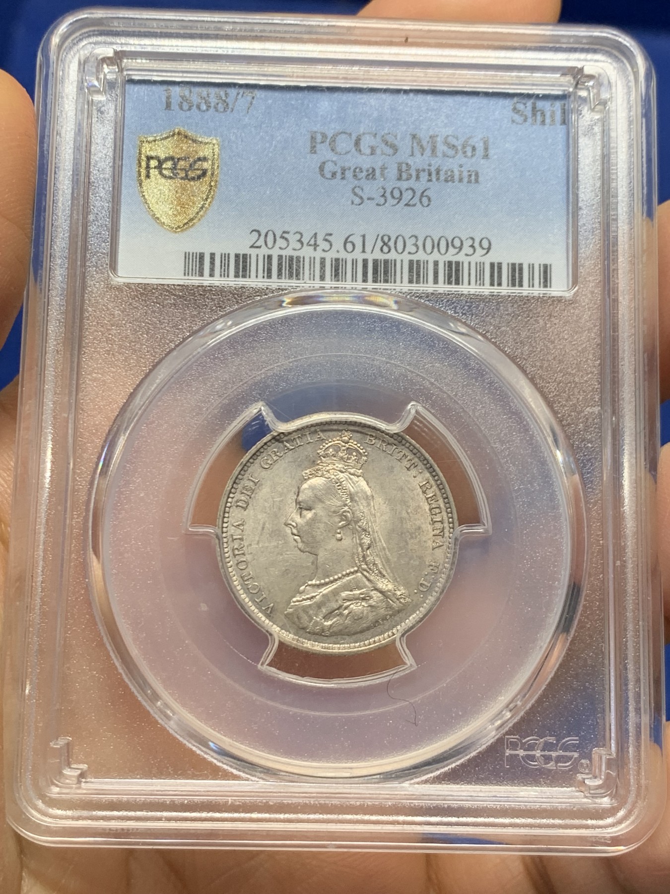 《竞宝斋》第232场-周日，周一 2场 (全场包邮) PCGS-MS61英国 1888/7年 骑字版 英国维多利亚1先令 稀少品 淡粉彩 1888少见 骑字版更为难得