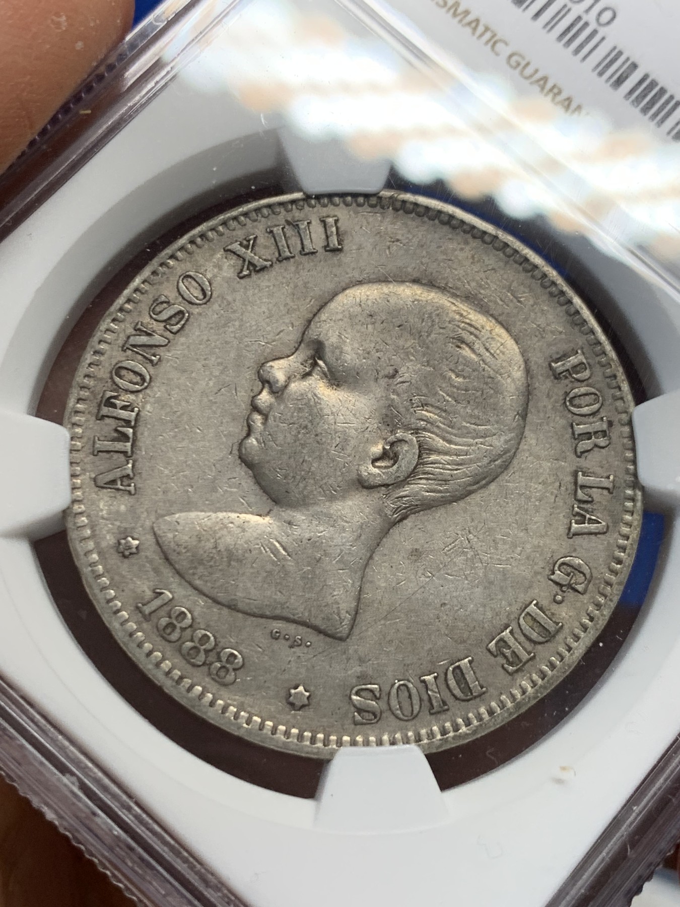 《竞宝斋》第232场-周日，周一 2场 (全场包邮) NGC XF40 西班牙1888年 阿方索十三世 光头版 5比塞塔双柱大银币 吉祥年份