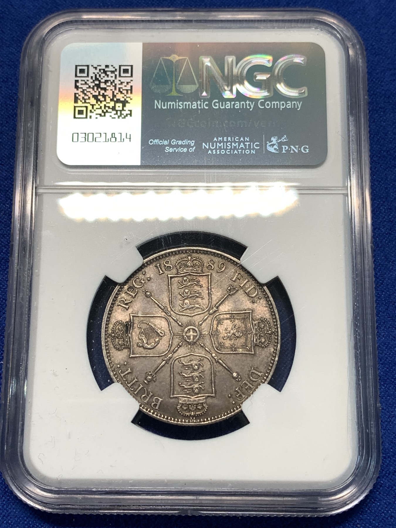 《竞宝斋》第232场-周日，周一 2场 (全场包邮) NGC-AU58 英国 1889年 2先令银币 漂亮的紫色五彩包浆 NGC严评