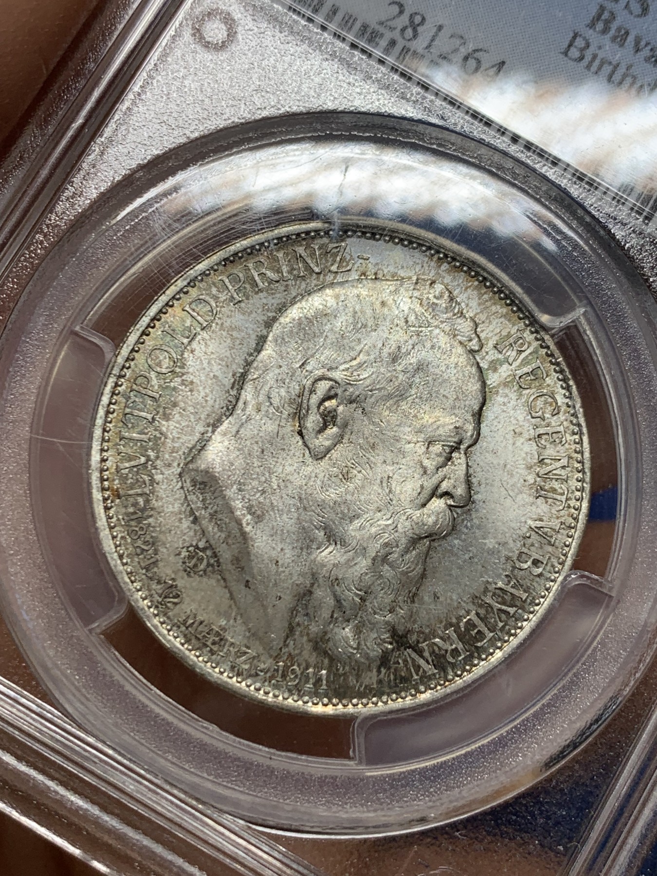 《竞宝斋》第232场-周日，周一 2场 (全场包邮) PCGS-MS65 1911年德国巴伐利亚利奥波德3马克银币 转光好状态