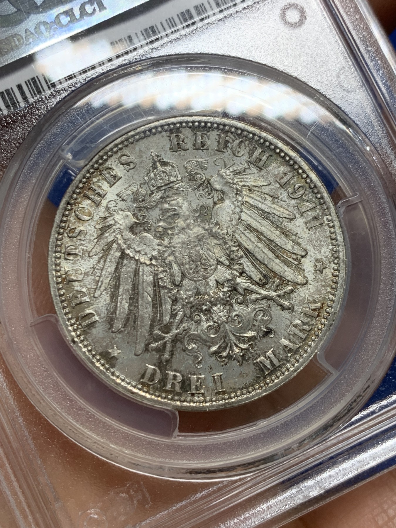 《竞宝斋》第232场-周日，周一 2场 (全场包邮) PCGS-MS65 1911年德国巴伐利亚利奥波德3马克银币 转光好状态