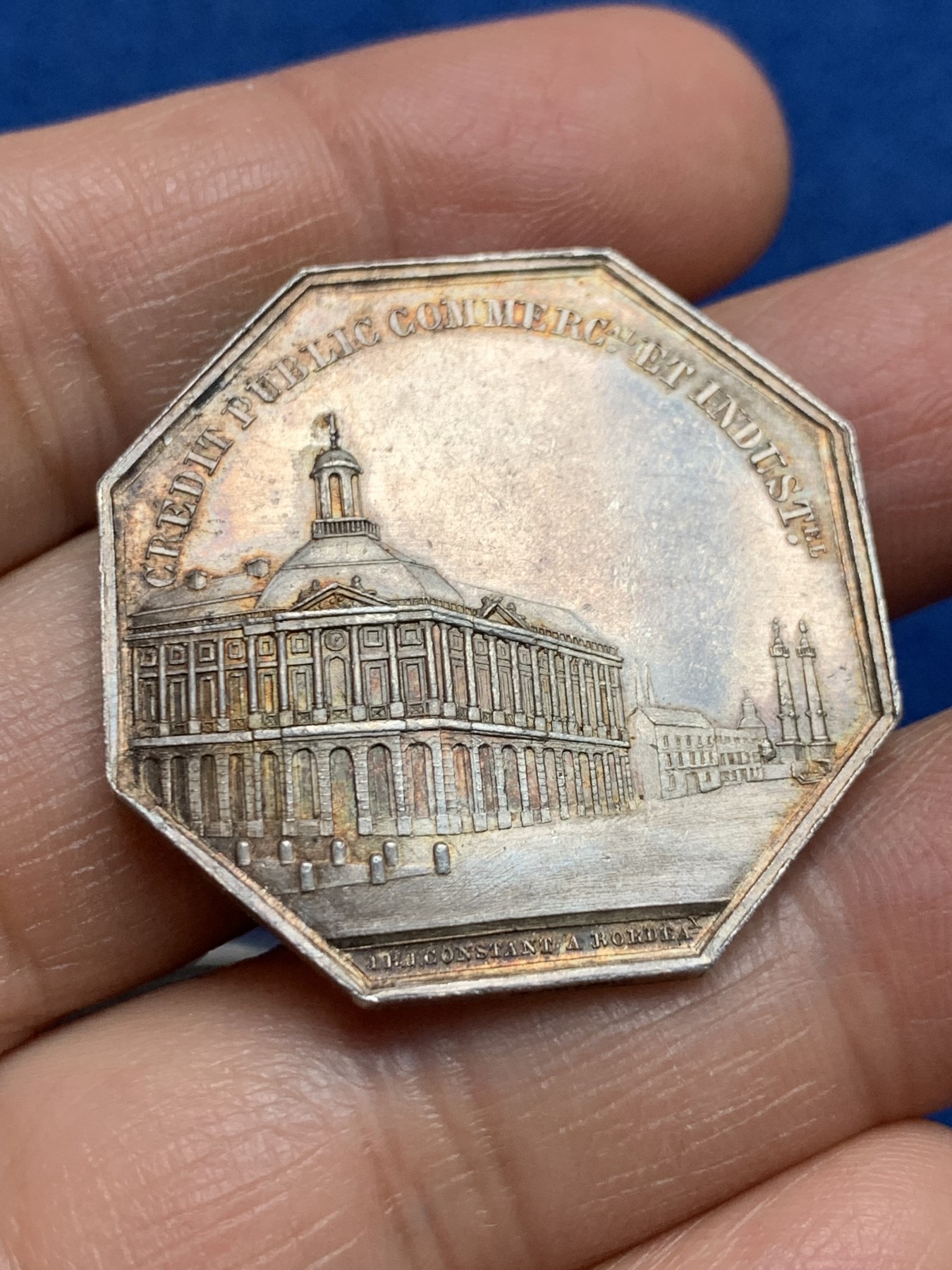 《竞宝斋》第232场-周日，周一 2场 (全场包邮) 法国1860-1879八角银质代币，波尔多证券交易公司，18.7g，37mm，大八角，蜜蜂边铭