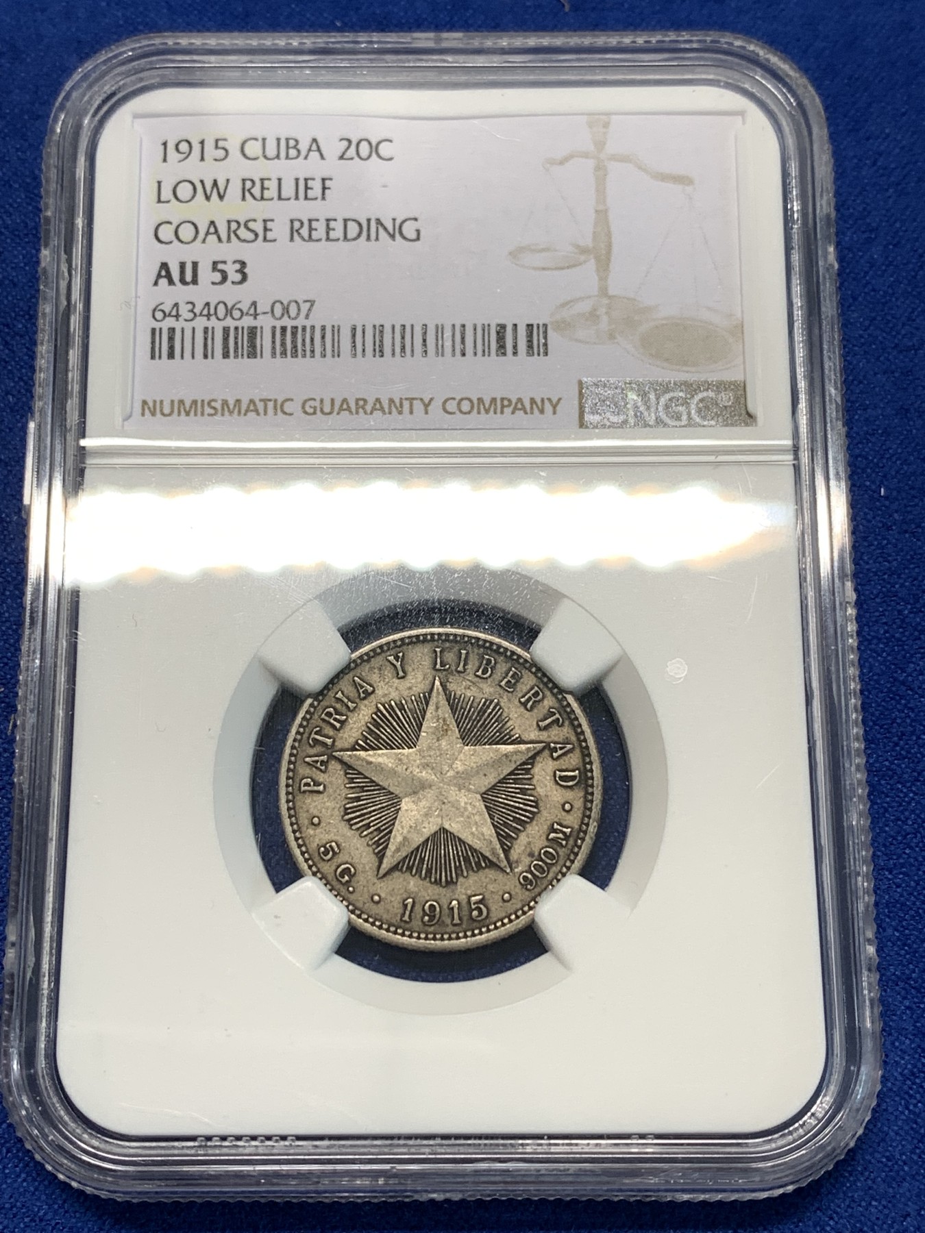 《竞宝斋》第232场-周日，周一 2场 (全场包邮) NGC-AU53 古巴1915年20分银币 古巴第一套流通银币早期年份稀少 带醇黑包浆