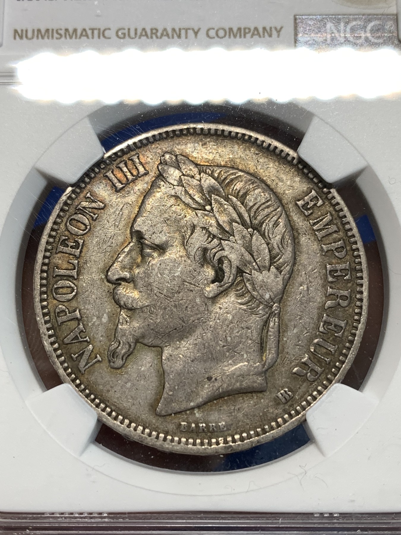 《竞宝斋》第232场-周日，周一 2场 (全场包邮) NGC XF40 法国 1869年BB版拿三5法郎银币