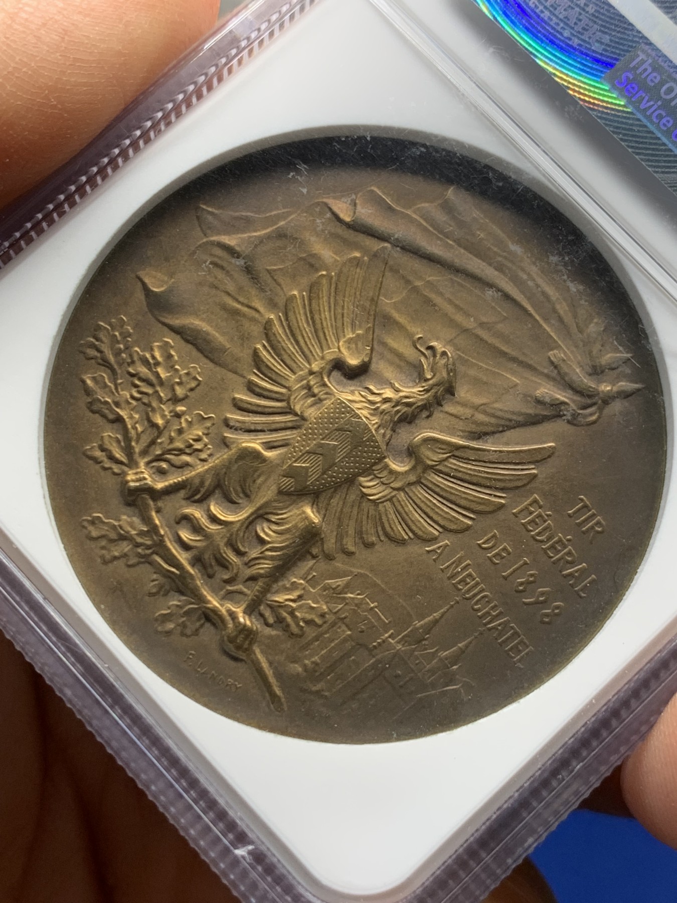 《竞宝斋》第232场-周日，周一 2场 (全场包邮) NGC MS62RB 瑞士1898纳沙泰尔射击节铜章 加厚盒