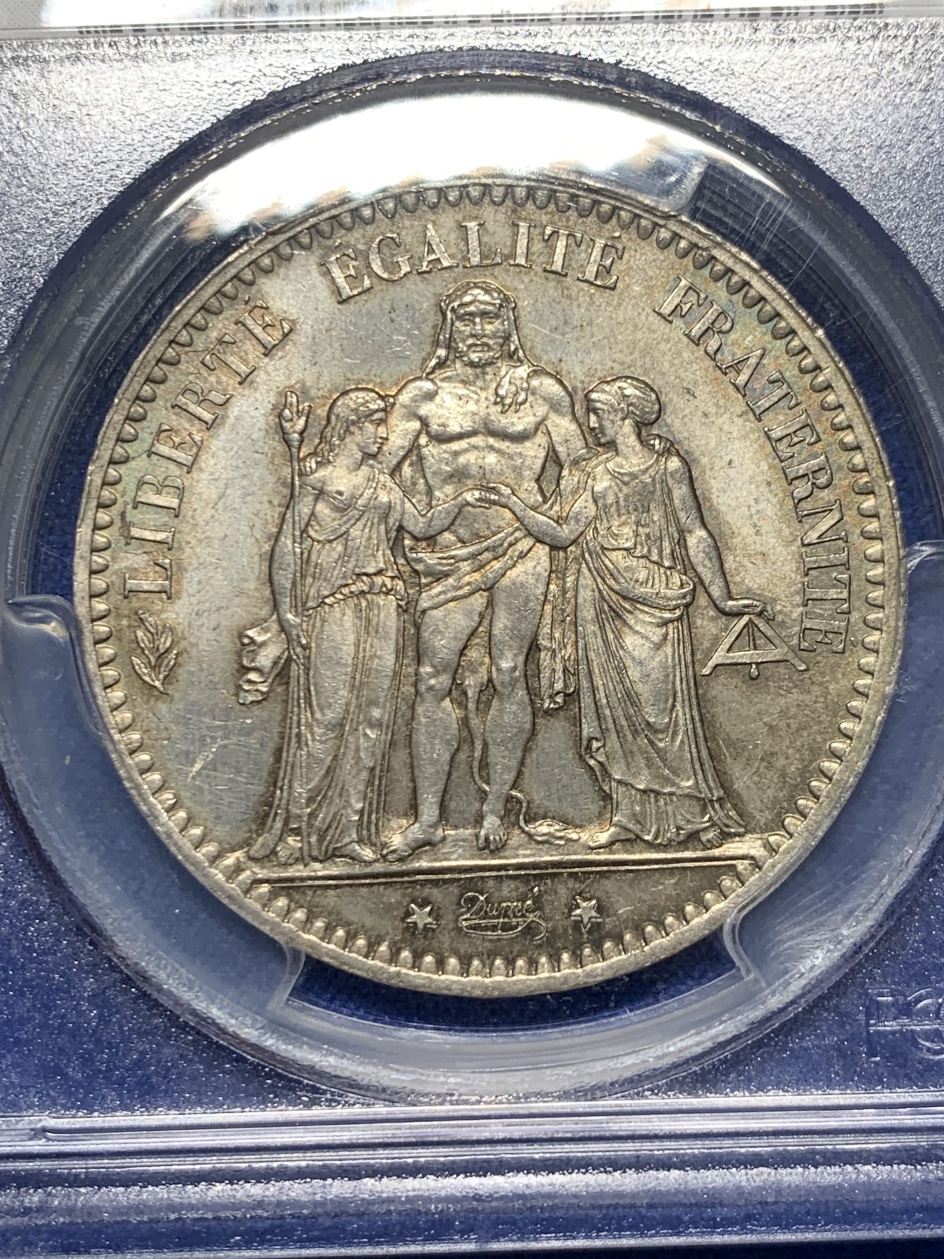 《竞宝斋》第232场-周日，周一 2场 (全场包邮) PCGS MS65 法国1876-A大力神5法郎银币 双面五彩 十字光