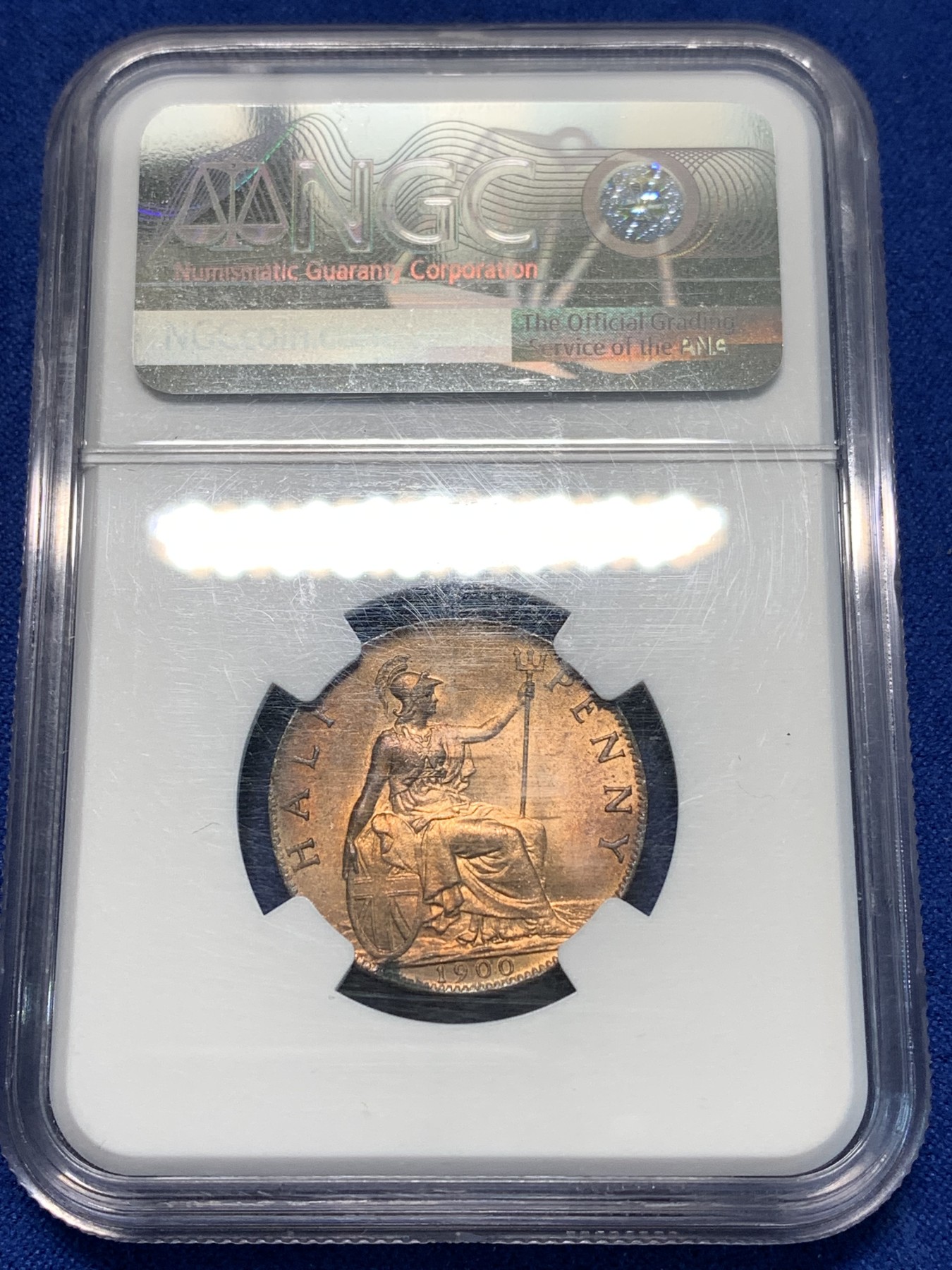 《竞宝斋》第232场-周日，周一 2场 (全场包邮) NGC-MS64RD 英国1900年维多利亚女王披纱1/2便士，高分RD十分难得，铜光闪闪恍如金币