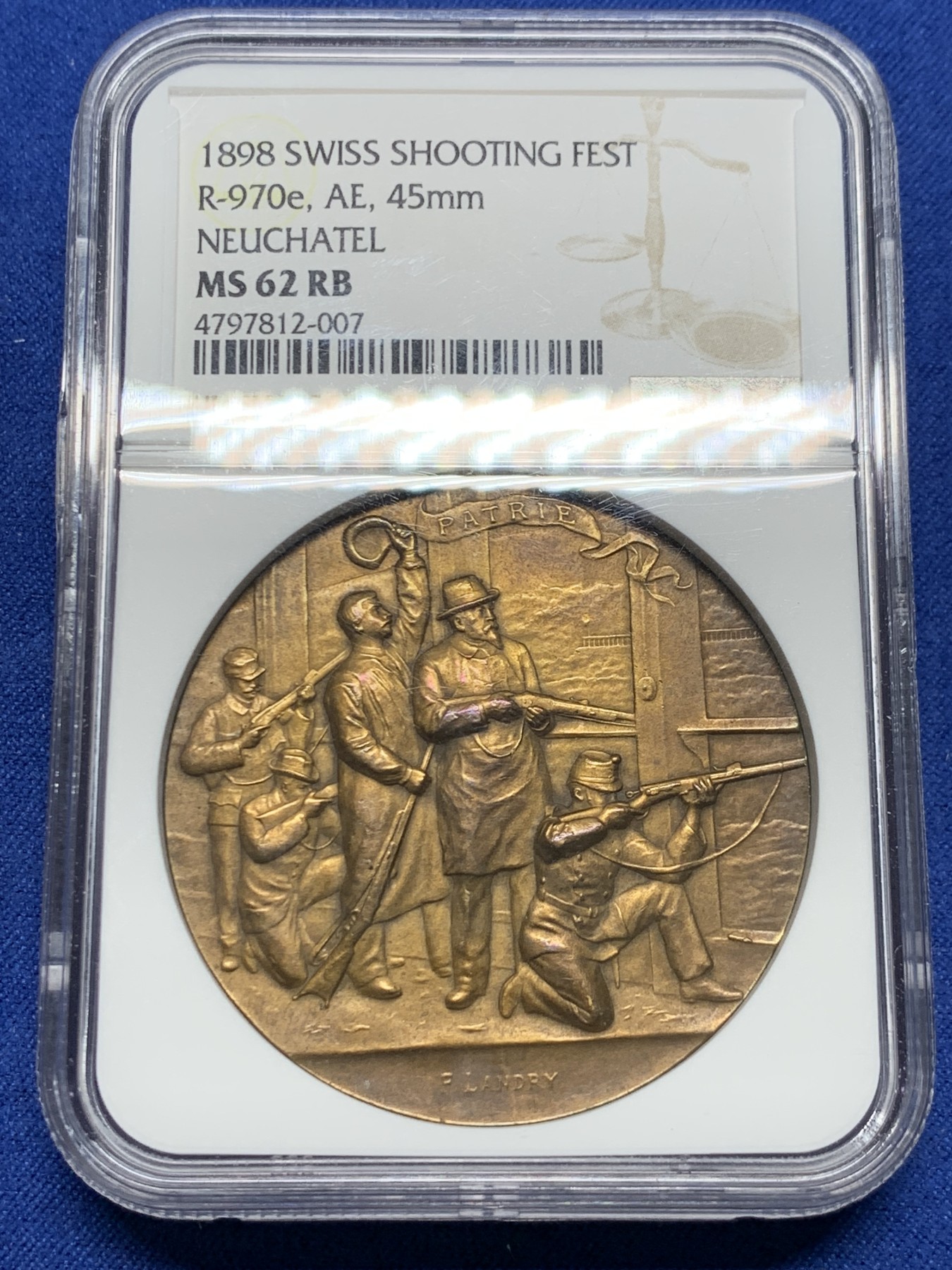 《竞宝斋》第232场-周日，周一 2场 (全场包邮) NGC MS62RB 瑞士1898纳沙泰尔射击节铜章 加厚盒
