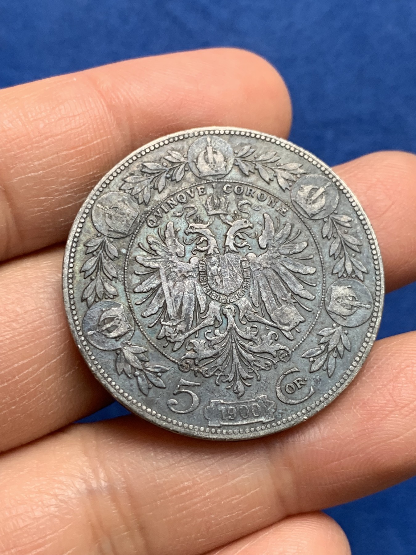 《竞宝斋》第232场-周日，周一 2场 (全场包邮) 奥匈帝国奥地利1900年5克朗双头鹰大银币，大老黑包浆比较难得，细节不错