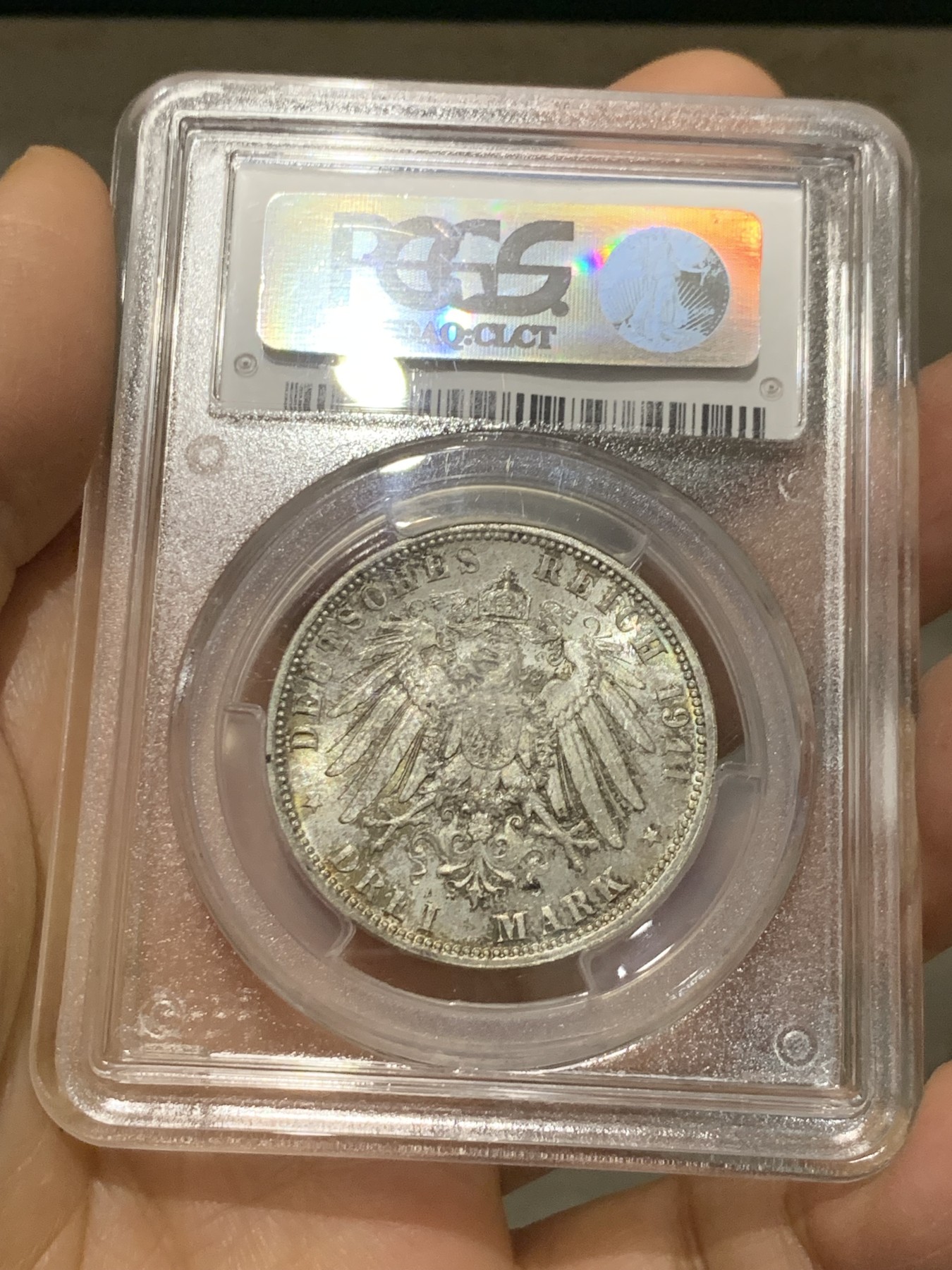 《竞宝斋》第232场-周日，周一 2场 (全场包邮) PCGS-MS65 1911年德国巴伐利亚利奥波德3马克银币 转光好状态