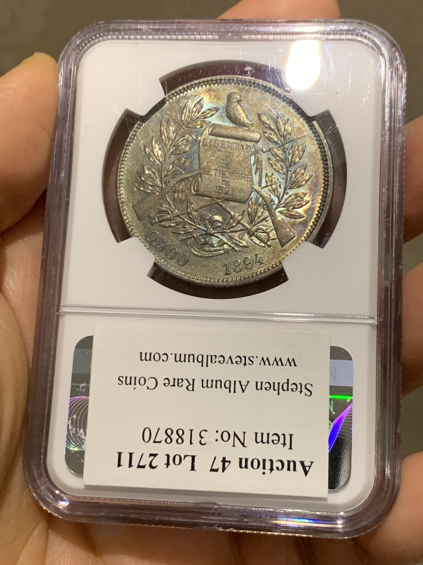 《竞宝斋》第232场-周日，周一 2场 (全场包邮) NGC MS63 危地马拉1894年1比索 绚丽五彩包浆 正反转光 状态难得