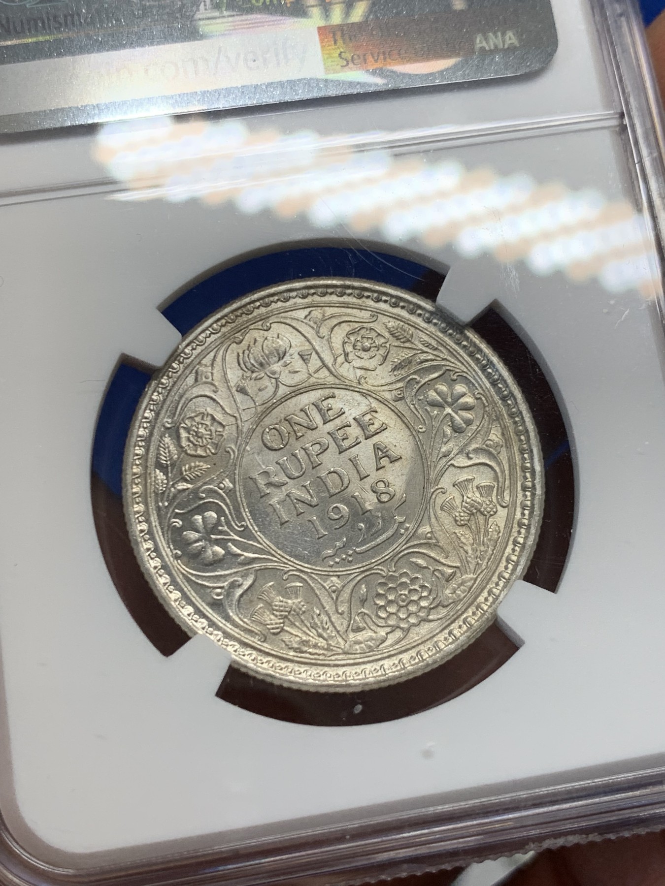 《竞宝斋》第232场-周日，周一 2场 (全场包邮) NGC UNC 印度 1918C 乔治五世 1卢比 银币