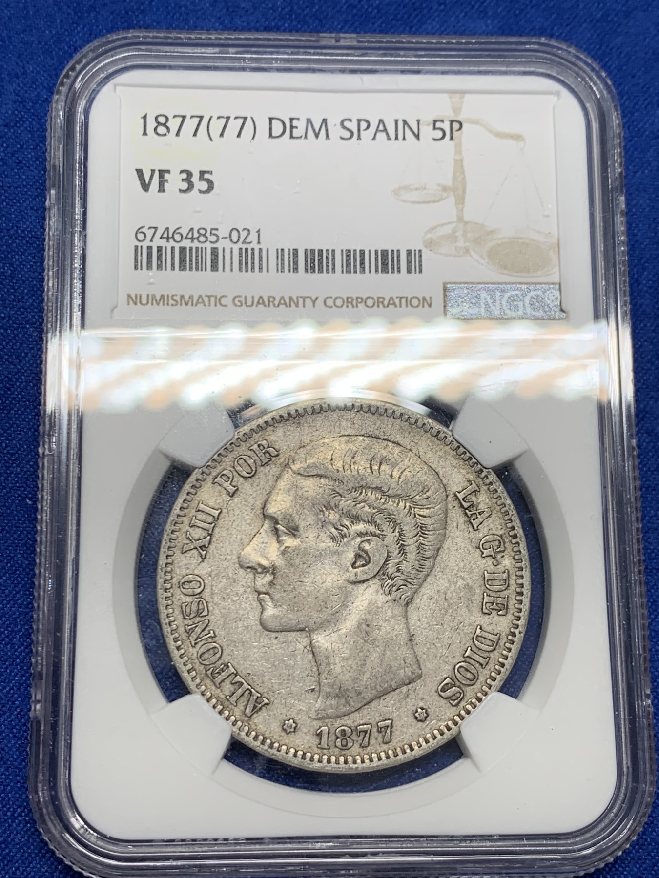 《竞宝斋》第232场-周日，周一 2场 (全场包邮) NGC VF35 西班牙1877年 阿方索十二世 5比塞塔双柱大银币