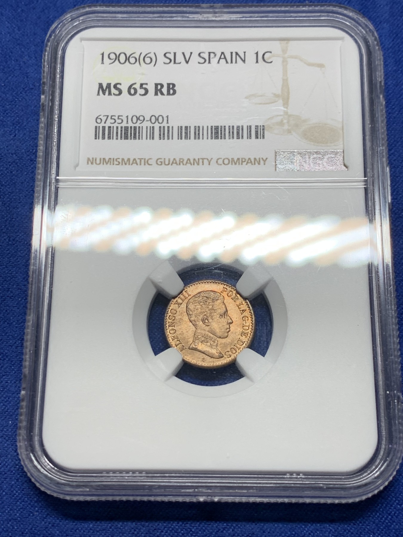 《竞宝斋》第232场-周日，周一 2场 (全场包邮) NGC MS65RB 西班牙1906年阿方索十三世1分原光铜币 高等级分数