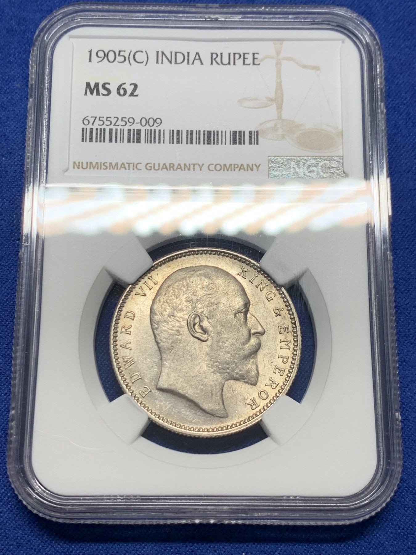 《竞宝斋》第232场-周日，周一 2场 (全场包邮) NGC MS62 1905(C)英属印度爱德华七世1卢比银币 状态不错