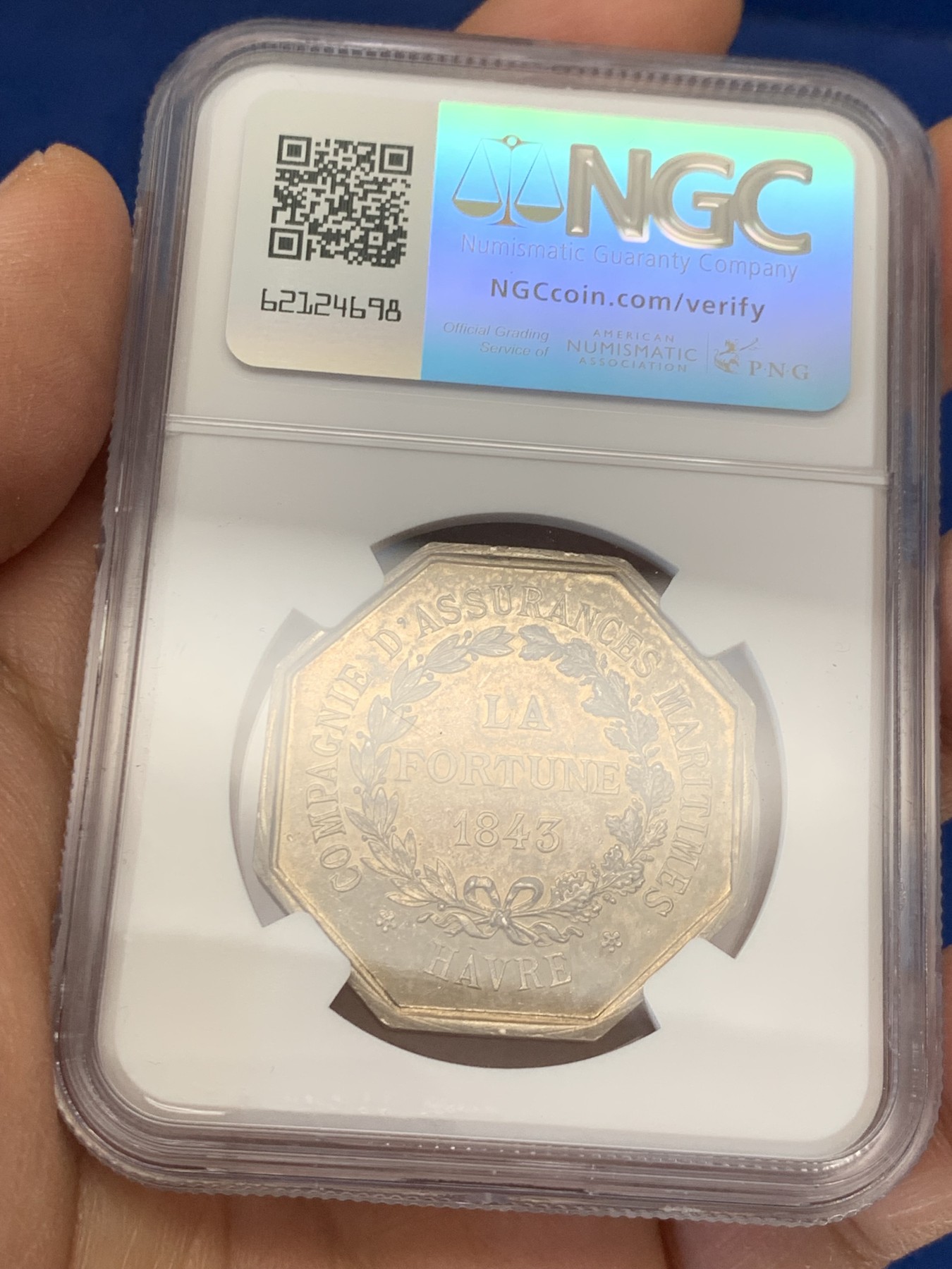 《竞宝斋》第232场-周日，周一 2场 (全场包邮) NGC MS61 法国1843财富保险八角银质代币 轻盈女神踩着独轮车