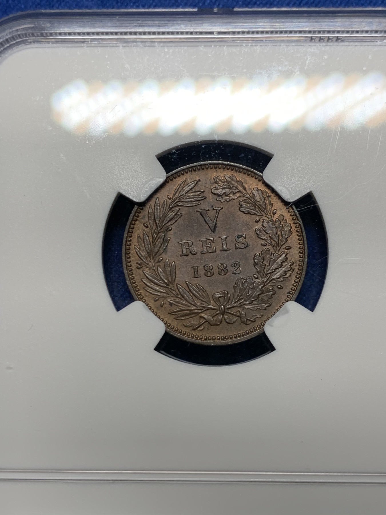 《竞宝斋》第232场-周日，周一 2场 (全场包邮) NGC MS64BN 葡萄牙1882年5瑞斯铜币 少见品种