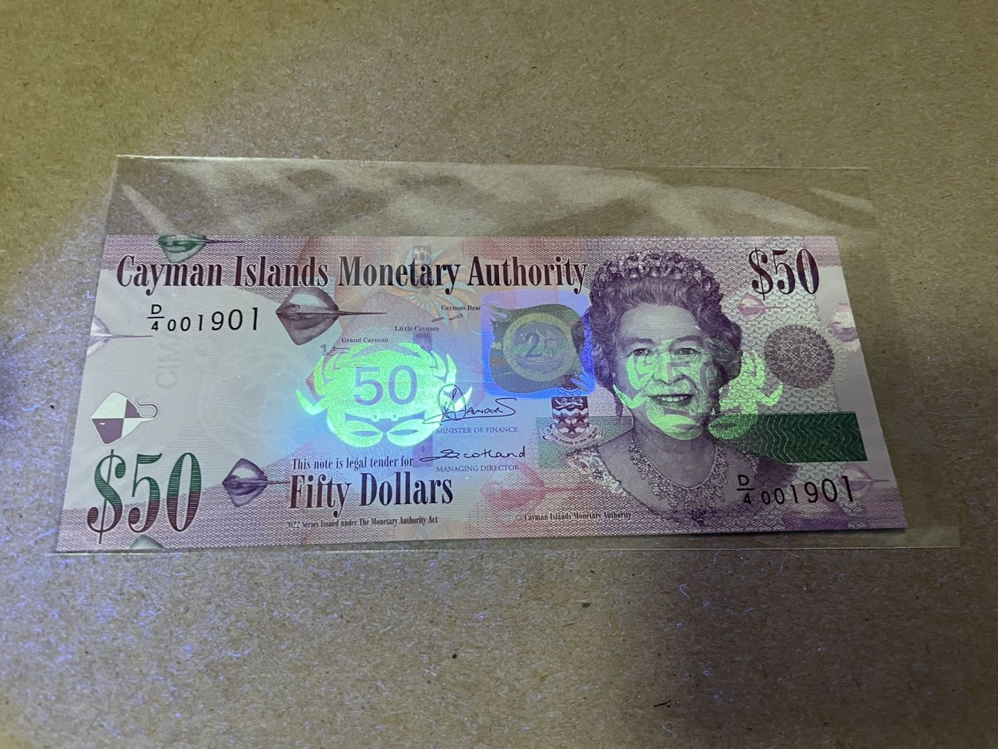 【Blue Auction】✨世界纸币精拍第414期【精】 【倒置号 千位小号】开曼 金管局 新版25周年纪念钞50元 女王 全新UNC