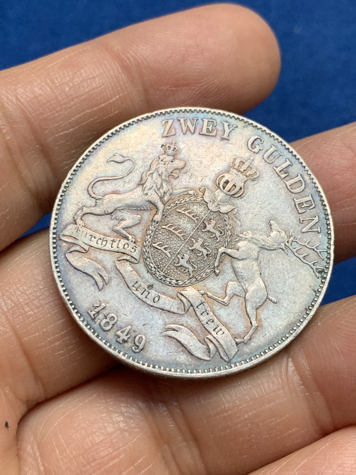 《竞宝斋》第232场-周日，周一 2场 (全场包邮) 德国1849年符腾堡鹿狮1泰勒银币 底板泛着彩光 很不错的品种