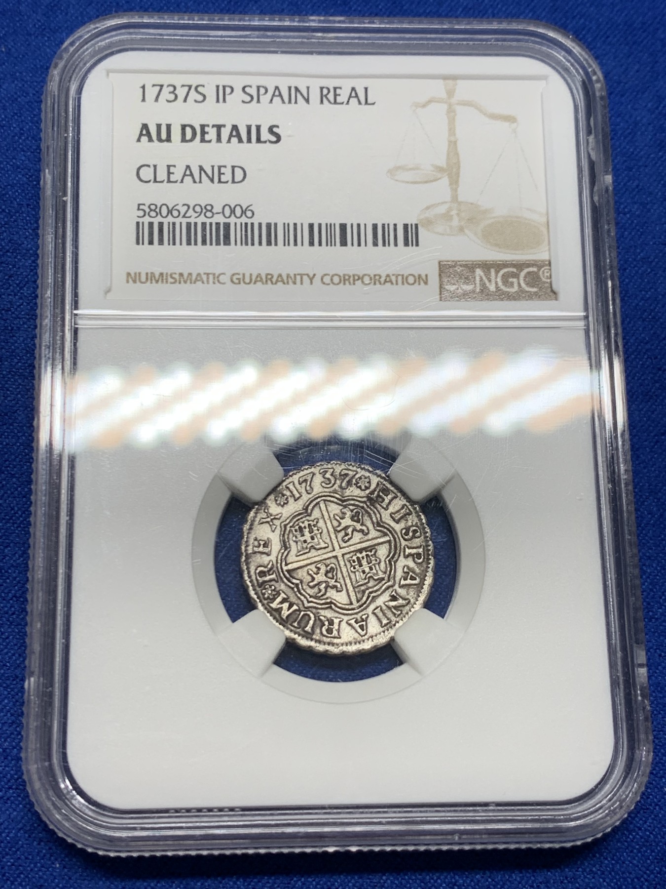 《竞宝斋》第232场-周日，周一 2场 (全场包邮) NGC AUD 西班牙1737腓力五世1里亚尔银币 本土十字 少见品种