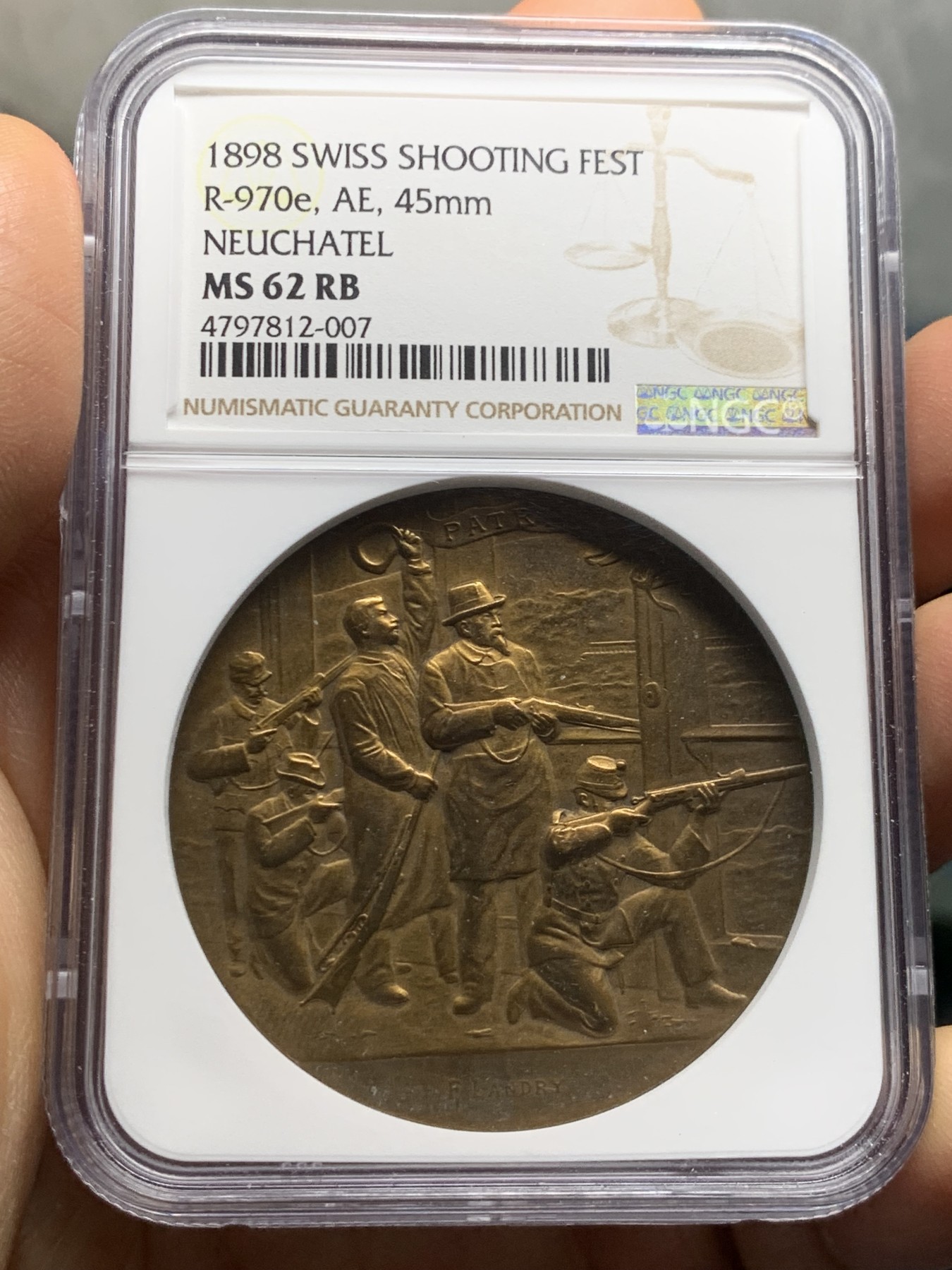 《竞宝斋》第232场-周日，周一 2场 (全场包邮) NGC MS62RB 瑞士1898纳沙泰尔射击节铜章 加厚盒