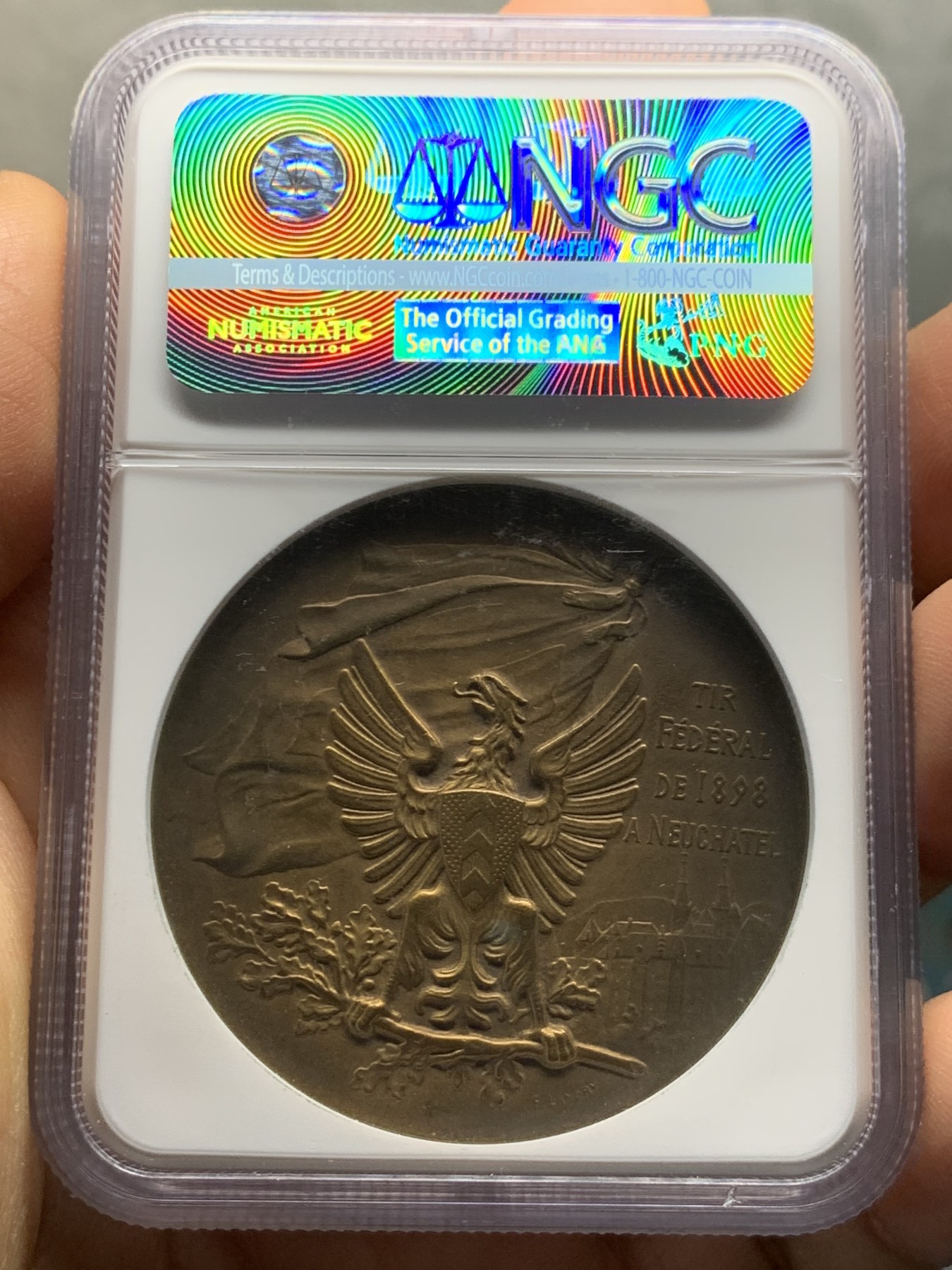 《竞宝斋》第232场-周日，周一 2场 (全场包邮) NGC MS62RB 瑞士1898纳沙泰尔射击节铜章 加厚盒