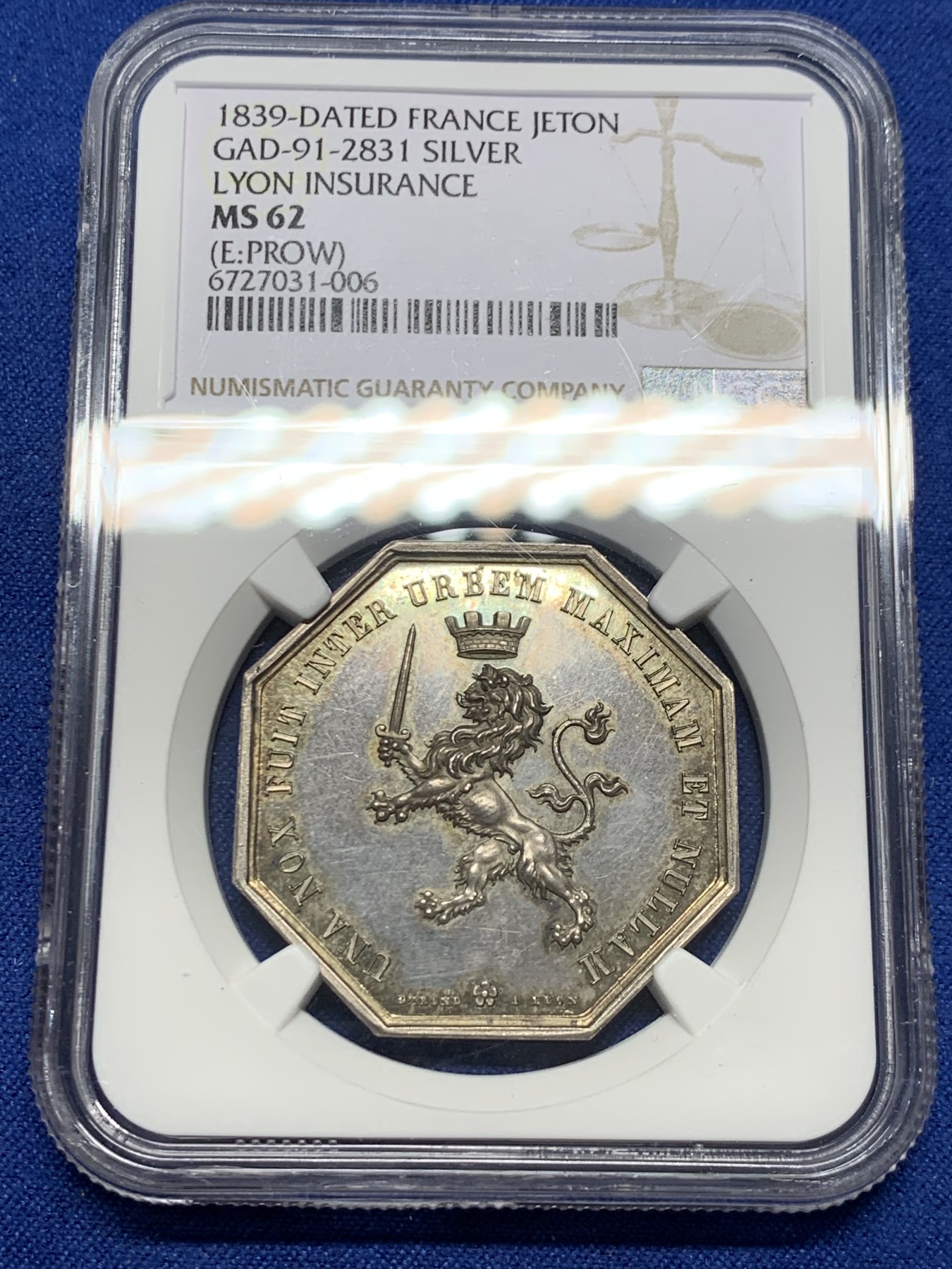 《竞宝斋》第232场-周日，周一 2场 (全场包邮) NGC MS62 法国里昂保险八角银章 船首边铭 早期难得