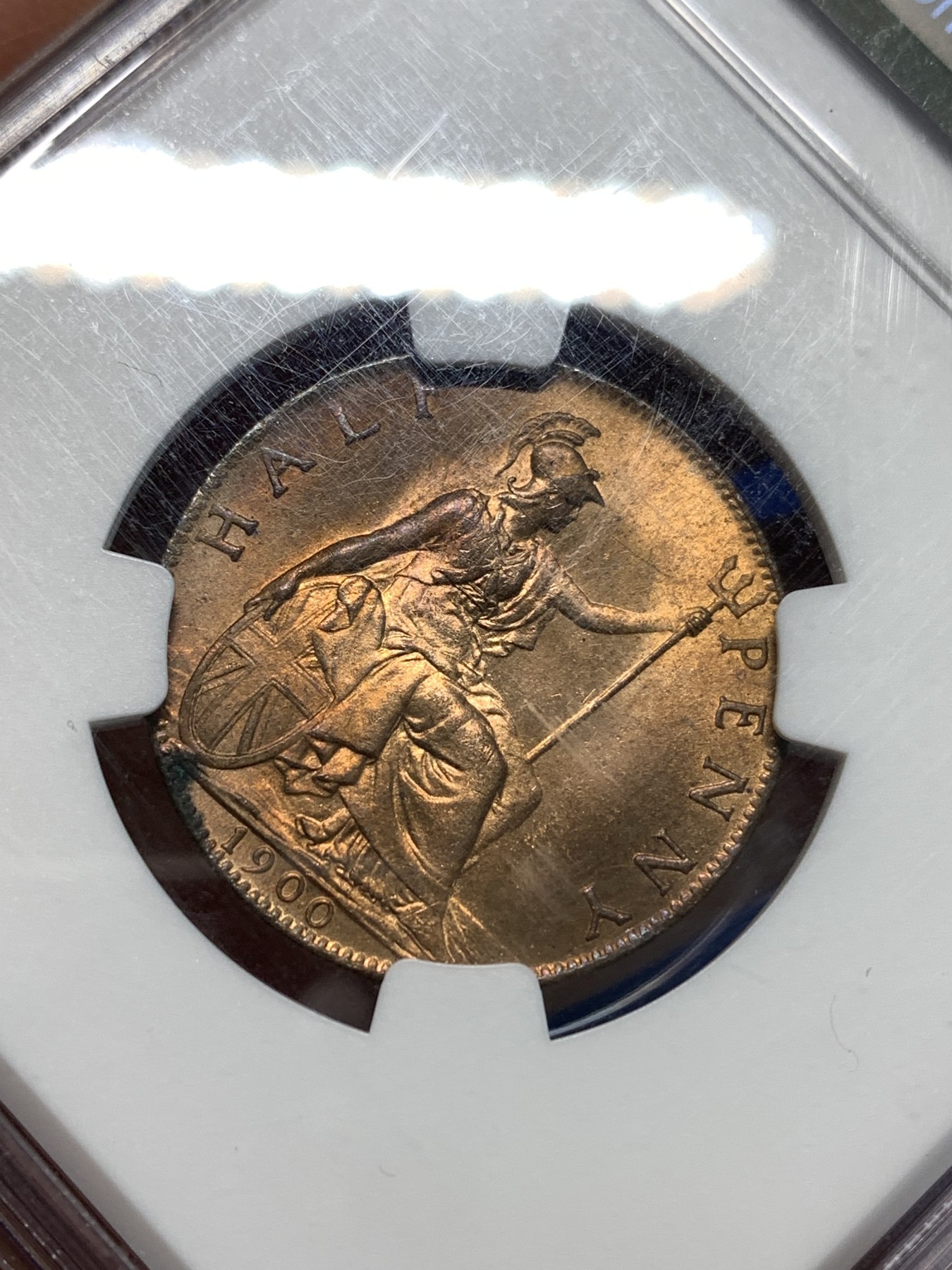 《竞宝斋》第232场-周日，周一 2场 (全场包邮) NGC-MS64RD 英国1900年维多利亚女王披纱1/2便士，高分RD十分难得，铜光闪闪恍如金币