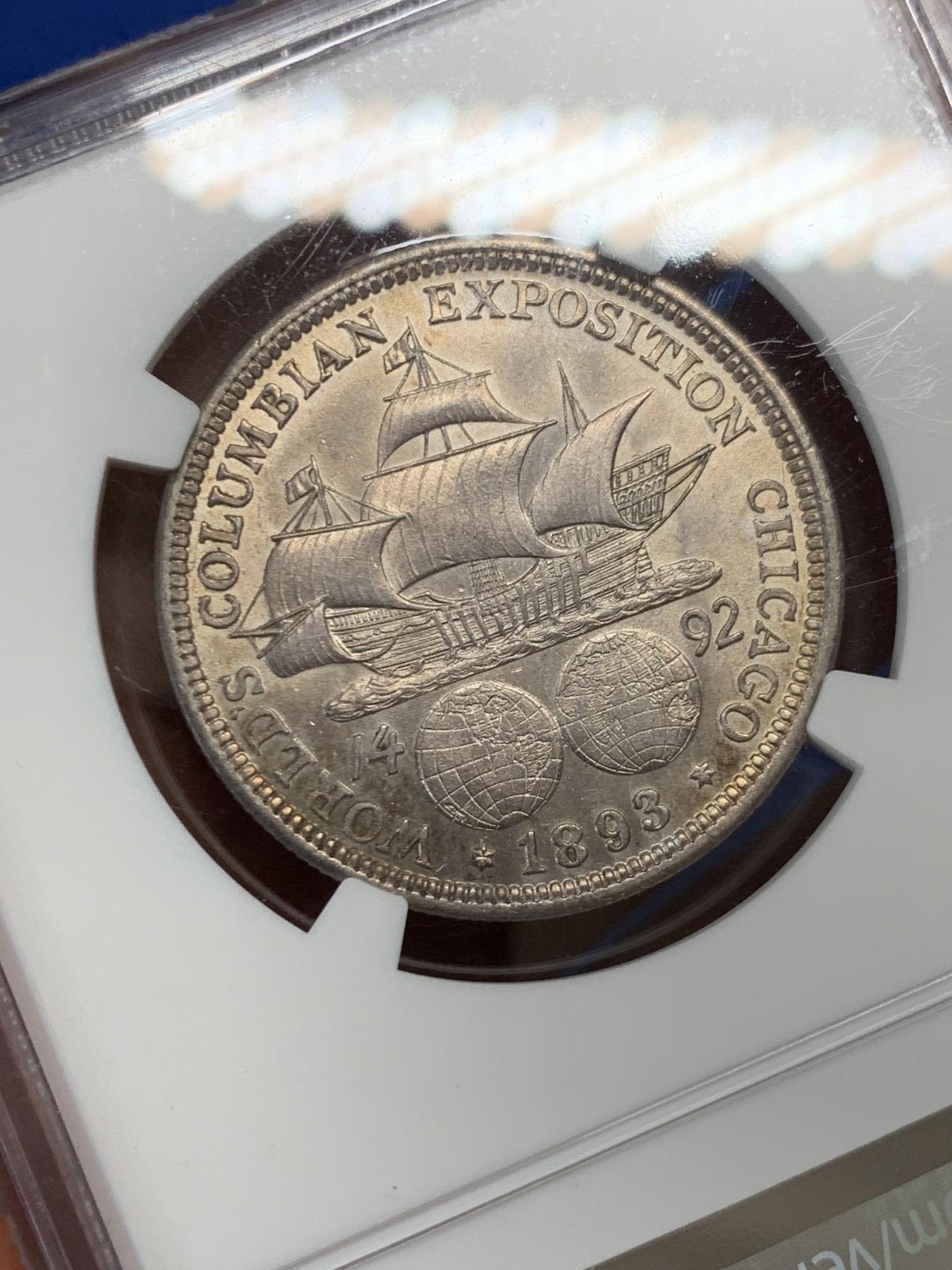 《竞宝斋》第232场-周日，周一 2场 (全场包邮) NGC MS62 美国 1893纪念哥伦布半圆银币，原光状态