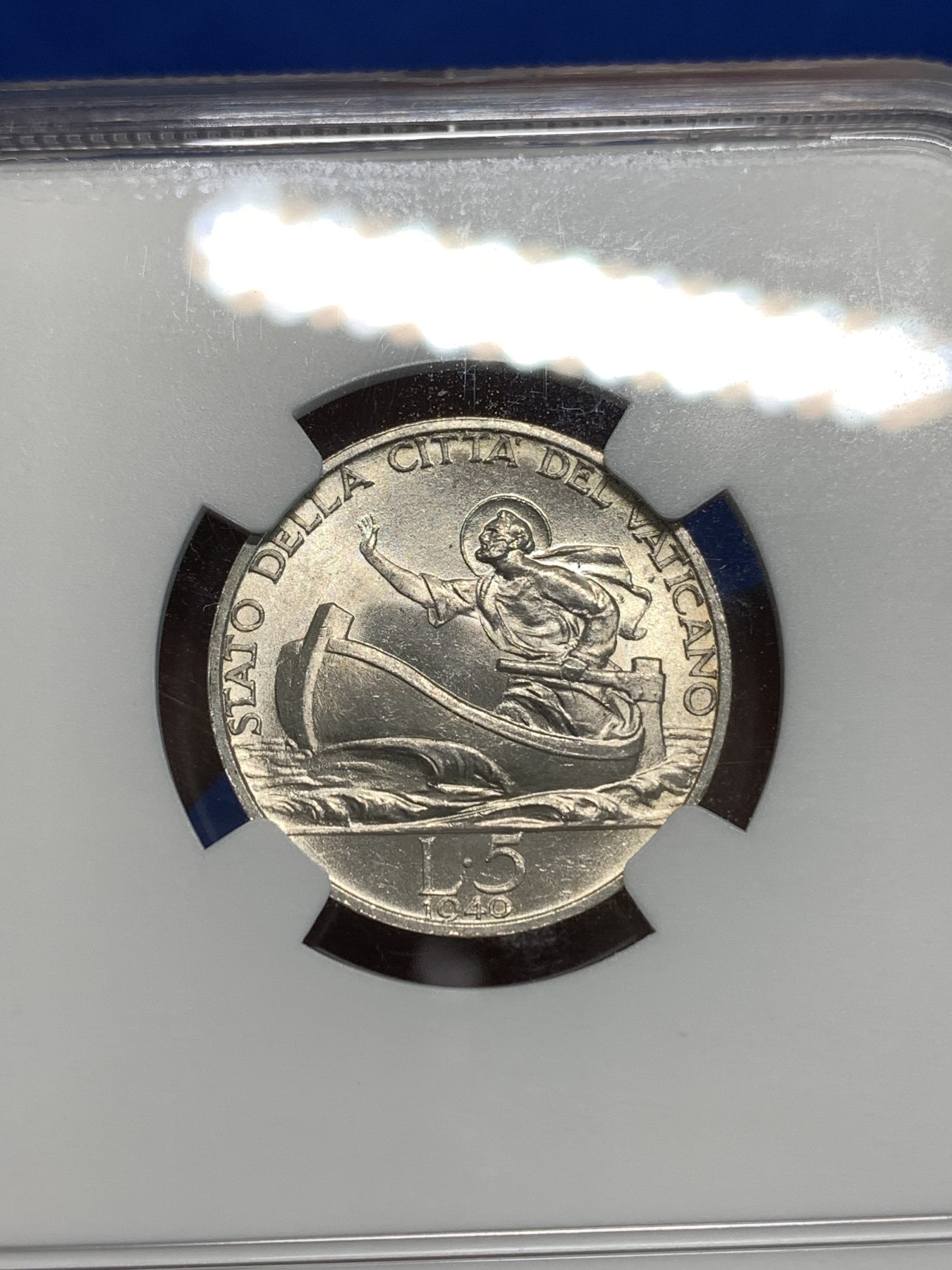 《竞宝斋》第232场-周日，周一 2场 (全场包邮) NGC-MS63 梵蒂冈 1940年 划船 5里拉 银币