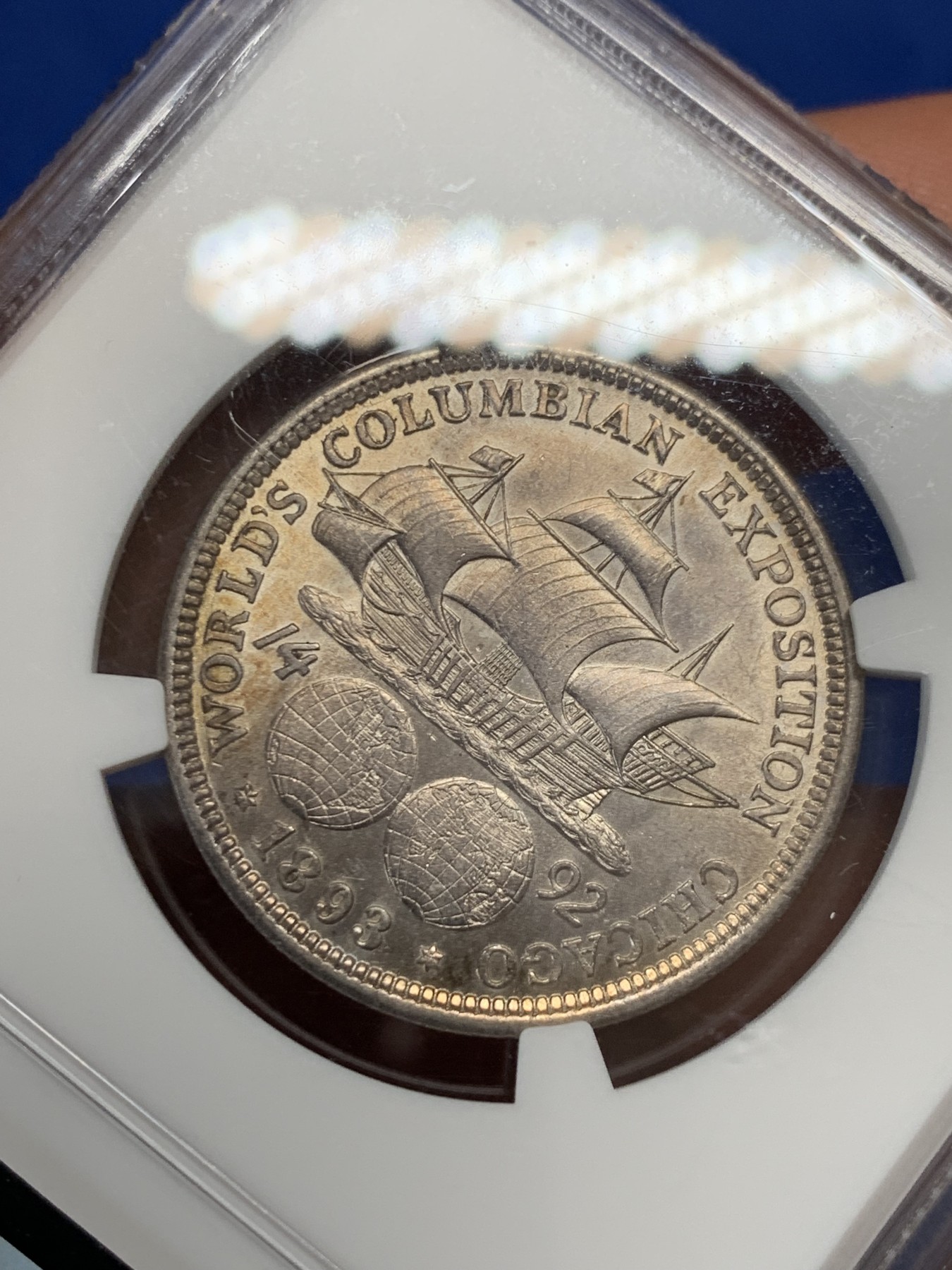 《竞宝斋》第232场-周日，周一 2场 (全场包邮) NGC MS62 美国 1893纪念哥伦布半圆银币，原光状态