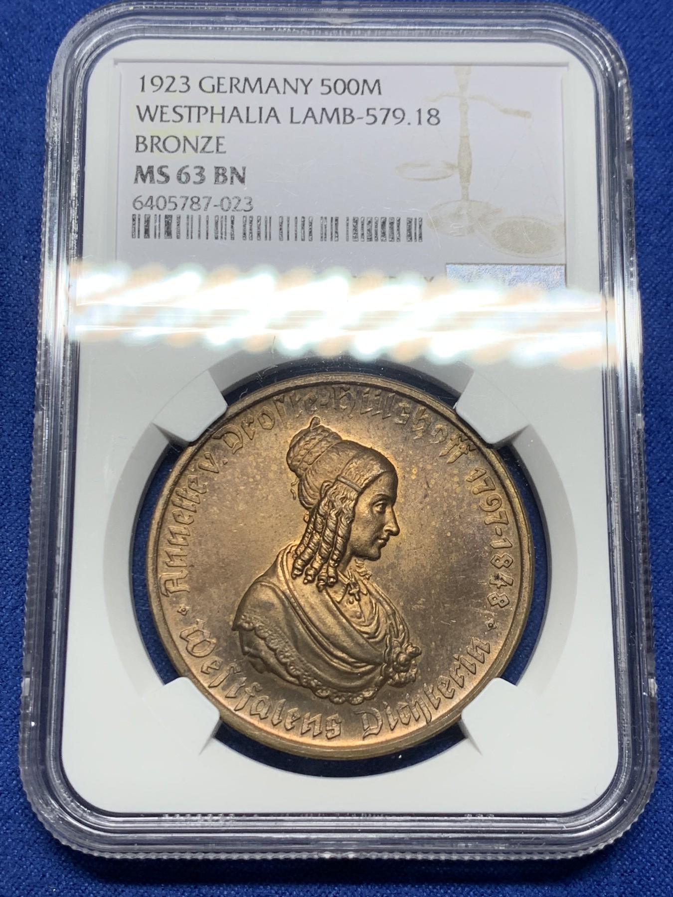 《竞宝斋》第232场-周日，周一 2场 (全场包邮) NGC MS63BN 德国威斯特伐利亚1923年500马克大马币铜币