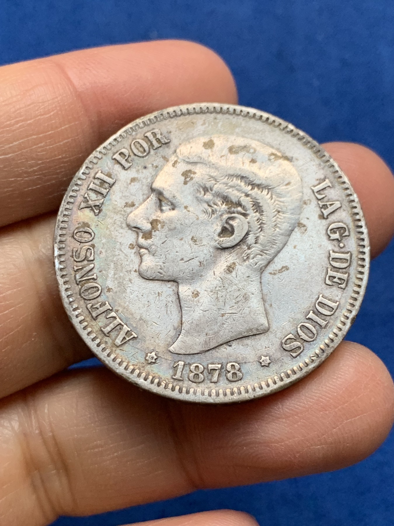 《竞宝斋》第232场-周日，周一 2场 (全场包邮) 西班牙 1878年阿方索十二世5比塞塔双柱大银币