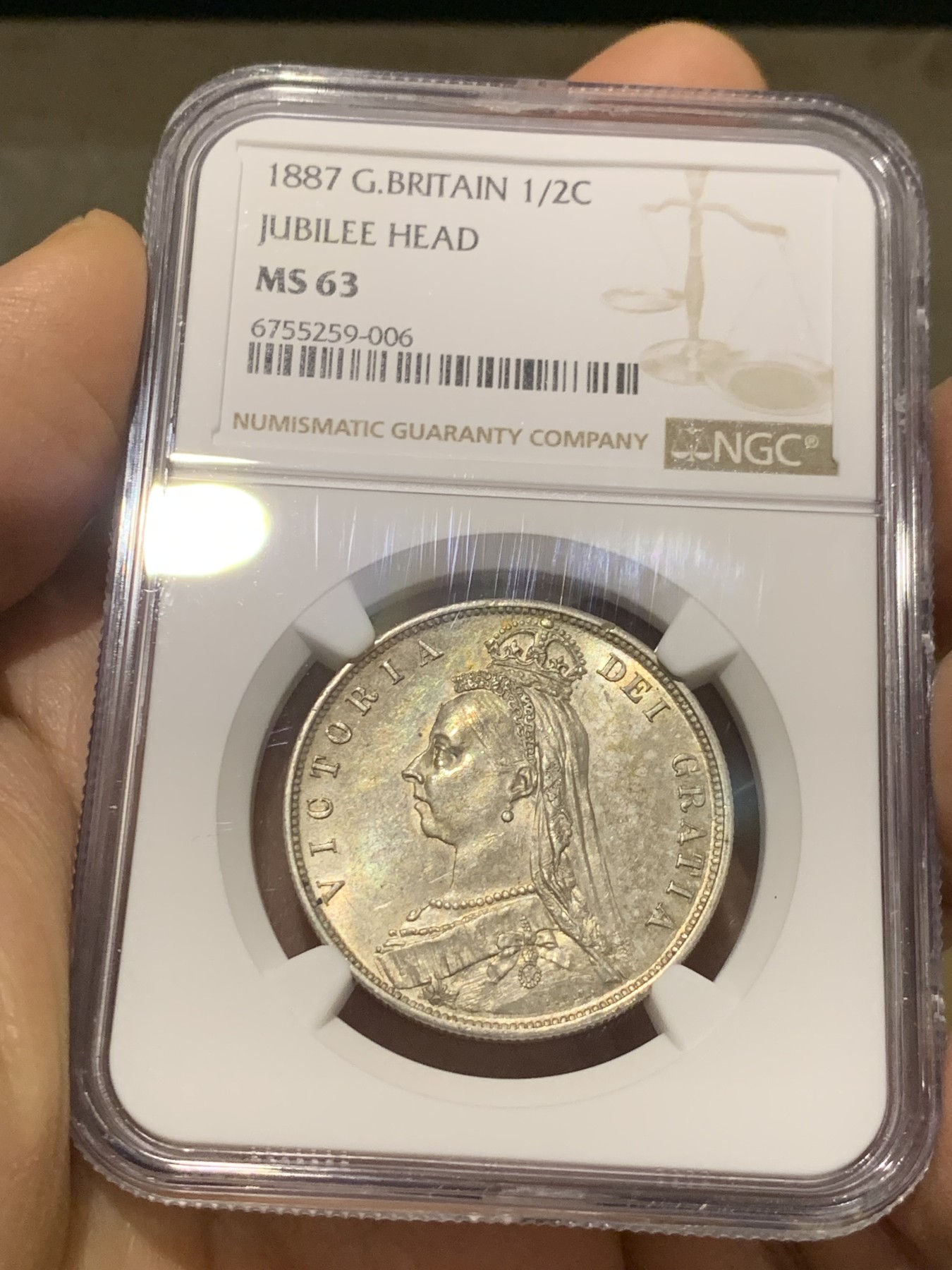 《竞宝斋》第232场-周日，周一 2场 (全场包邮) NGC MS63 英国1887年维多利亚1/2克朗银币 状态不错