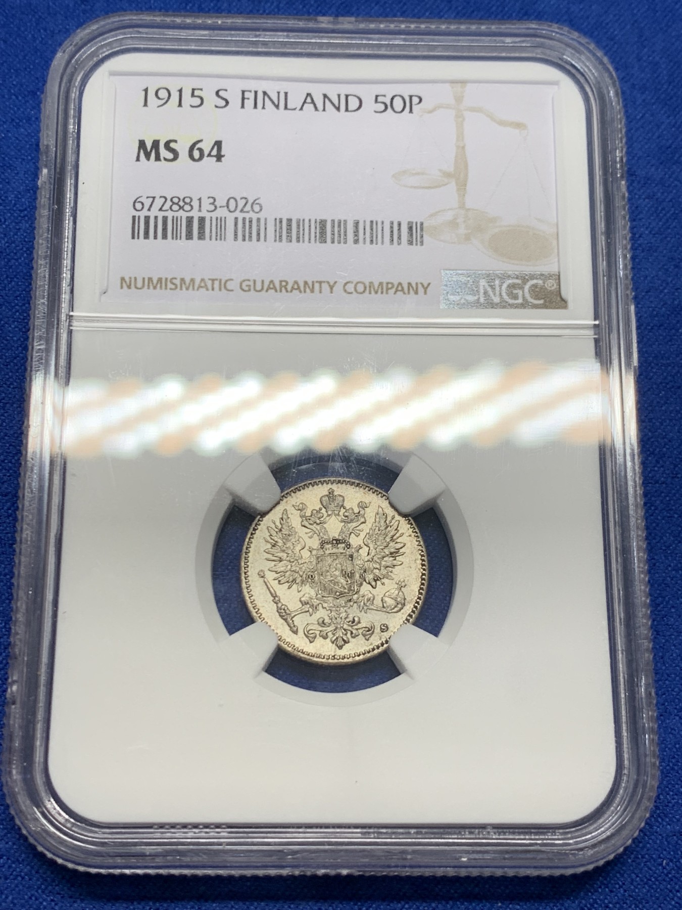 《竞宝斋》第232场-周日，周一 2场 (全场包邮) NGC MS64 俄占芬兰1915年50芬尼银币