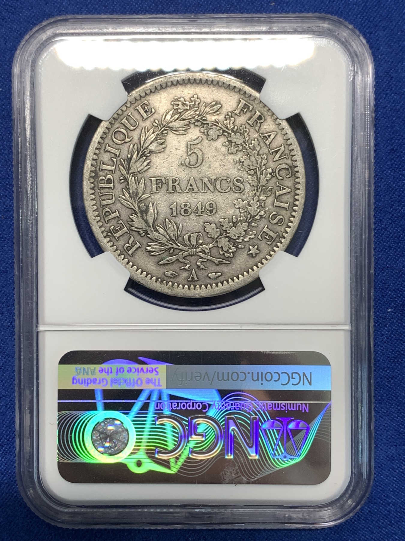 《竞宝斋》第232场-周日，周一 2场 (全场包邮) NGC XF45 法国1849第二共和大力神5法郎银币 只发行两年 出分难得 原味包浆