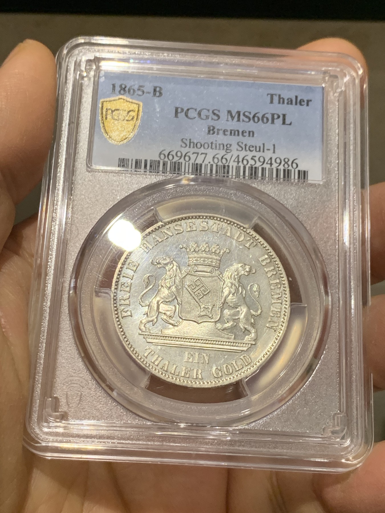 《竞宝斋》第232场-周日，周一 2场 (全场包邮) PCGS MS66PL 德国1865 不来梅自由市射击节泰勒 发行量5万枚，经典的双狮和哥特钥匙徽章，顶级品相，完美镜面状态，p记冠军分