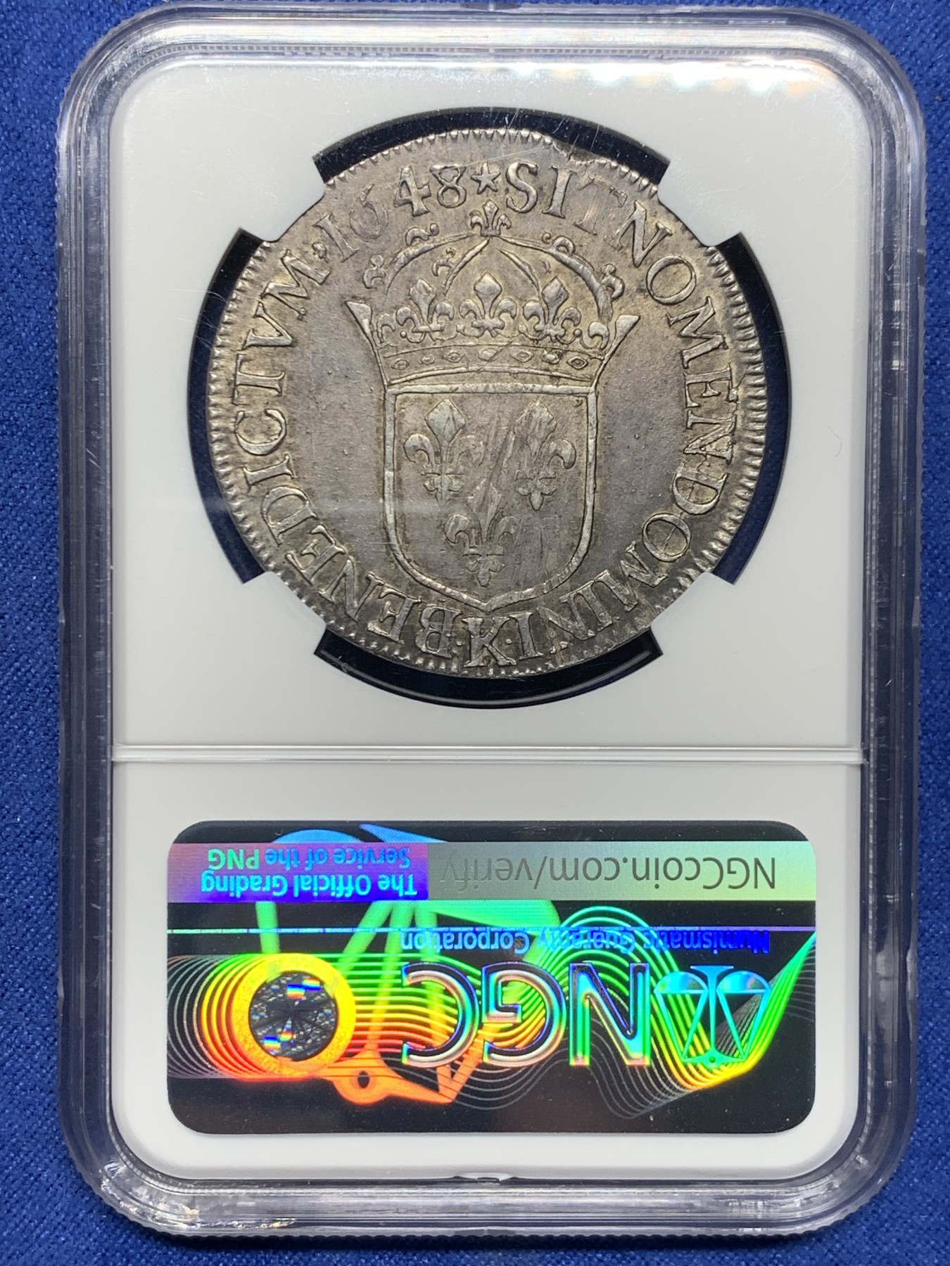 《竞宝斋》第232场-周日，周一 2场 (全场包邮) NGC-AU53 1648K法国路易十四埃居大银，青年太阳王头像大银，年轻的欧陆霸主。欧洲熟美黑彩，味道一流，状态更胜分数！