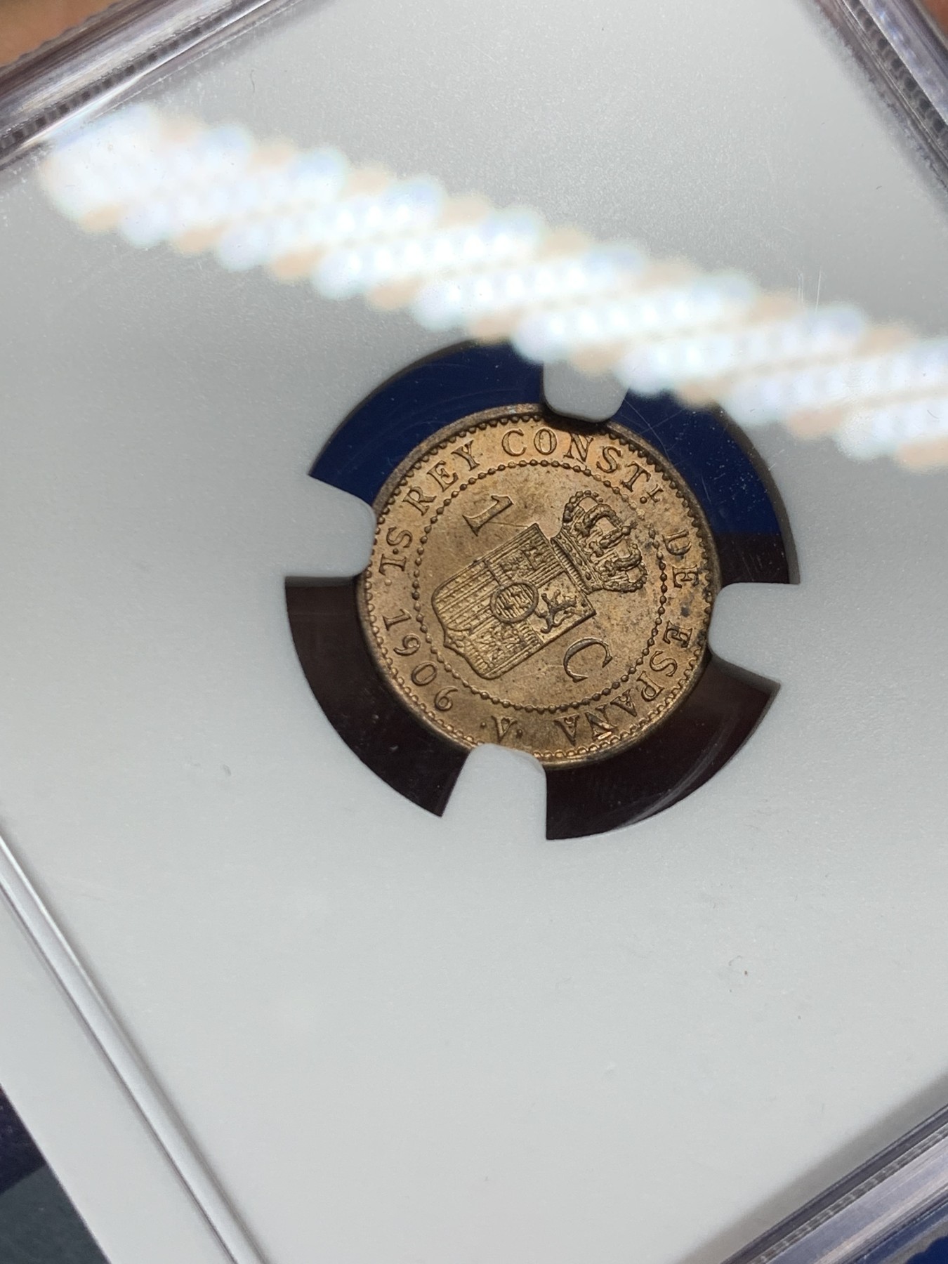 《竞宝斋》第232场-周日，周一 2场 (全场包邮) NGC MS65RB 西班牙1906年阿方索十三世1分原光铜币 高等级分数