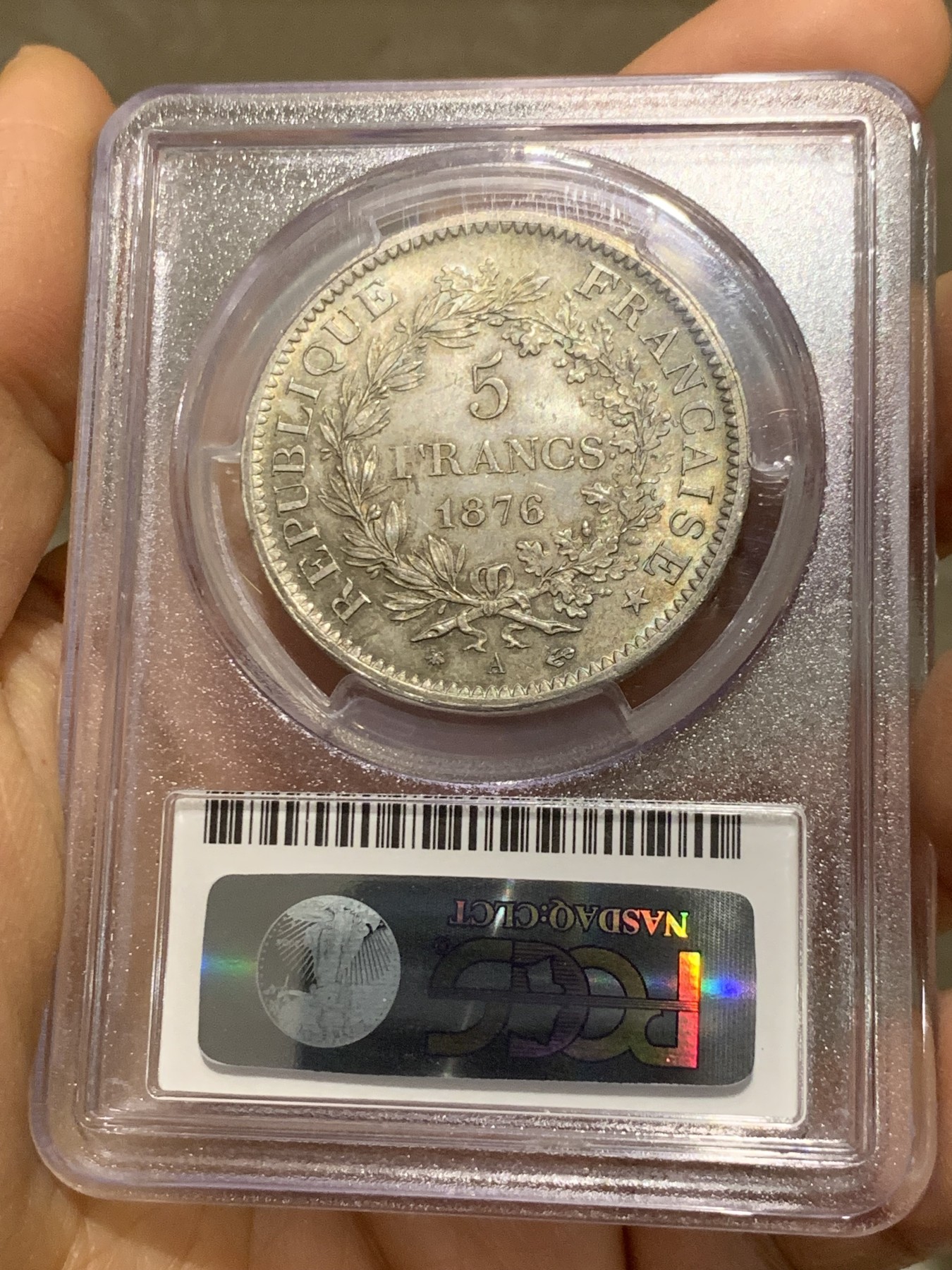 《竞宝斋》第232场-周日，周一 2场 (全场包邮) PCGS MS65 法国1876-A大力神5法郎银币 双面五彩 十字光