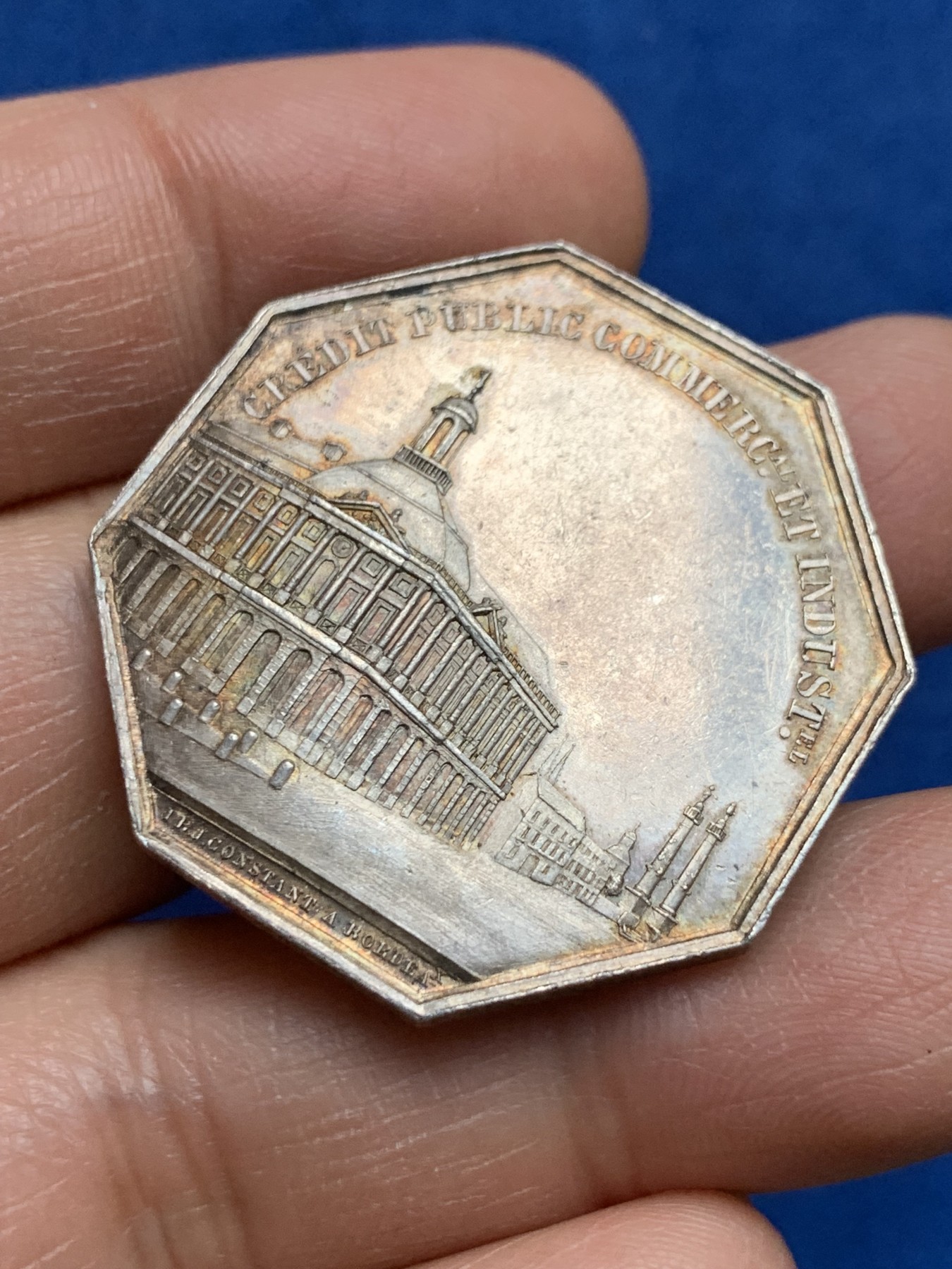 《竞宝斋》第232场-周日，周一 2场 (全场包邮) 法国1860-1879八角银质代币，波尔多证券交易公司，18.7g，37mm，大八角，蜜蜂边铭