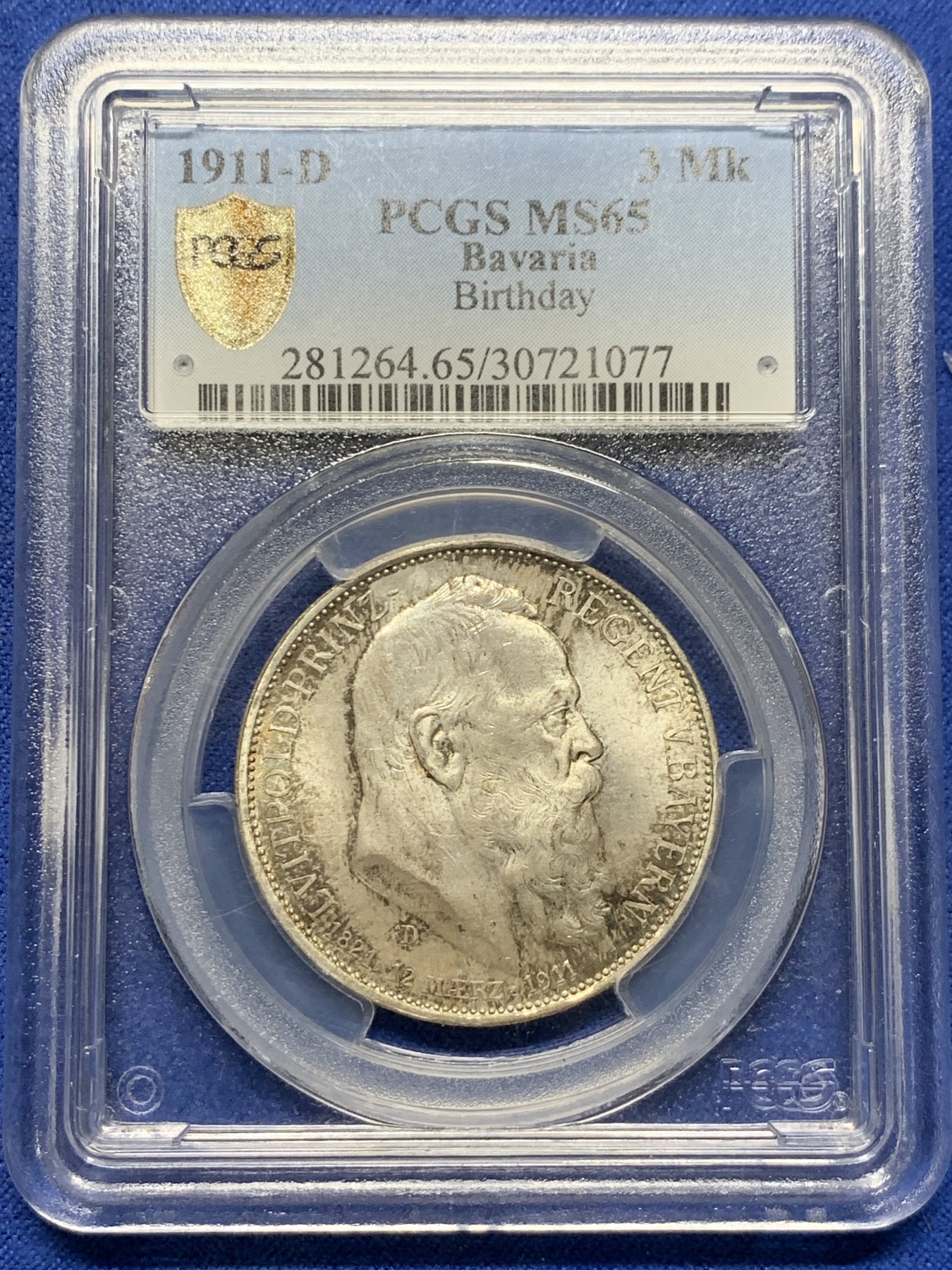 《竞宝斋》第232场-周日，周一 2场 (全场包邮) PCGS-MS65 1911年德国巴伐利亚利奥波德3马克银币 转光好状态